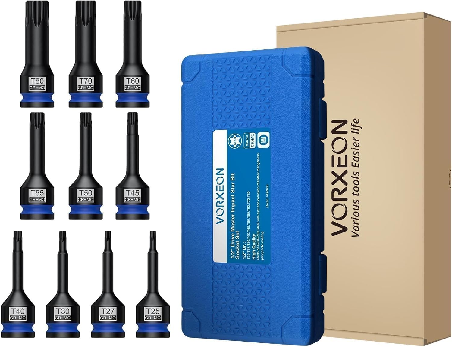 10 PCS 1/2" Drive Impact Star Bit Socket Set 42CRMO With Storage Case, Impact Torx Socket T25 T27 T30 T40 T45 T50 T55 T60 T70 T80