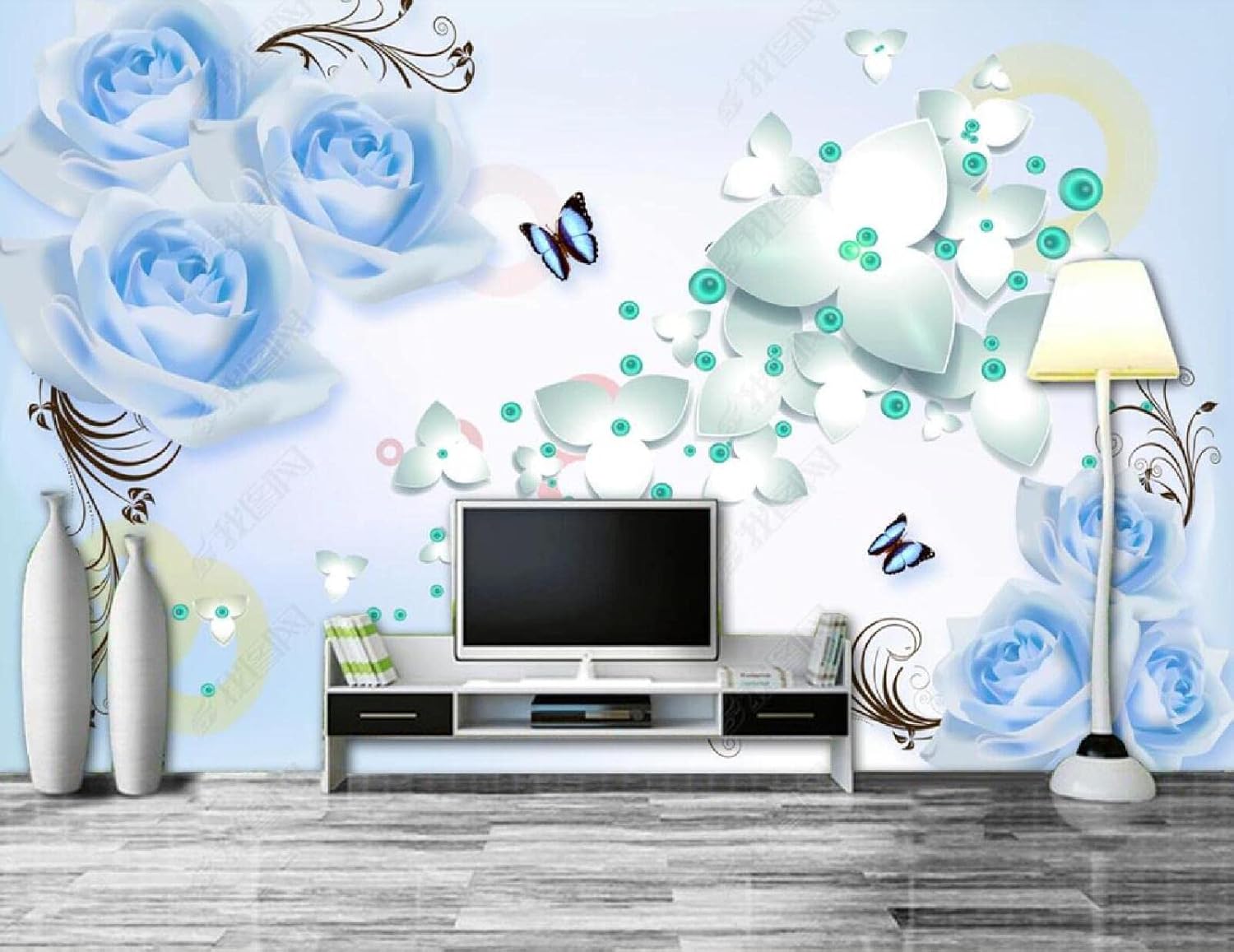Amazon 壁紙 3d 青いバラの花の蝶 不織布壁紙テレビ背景壁 壁紙