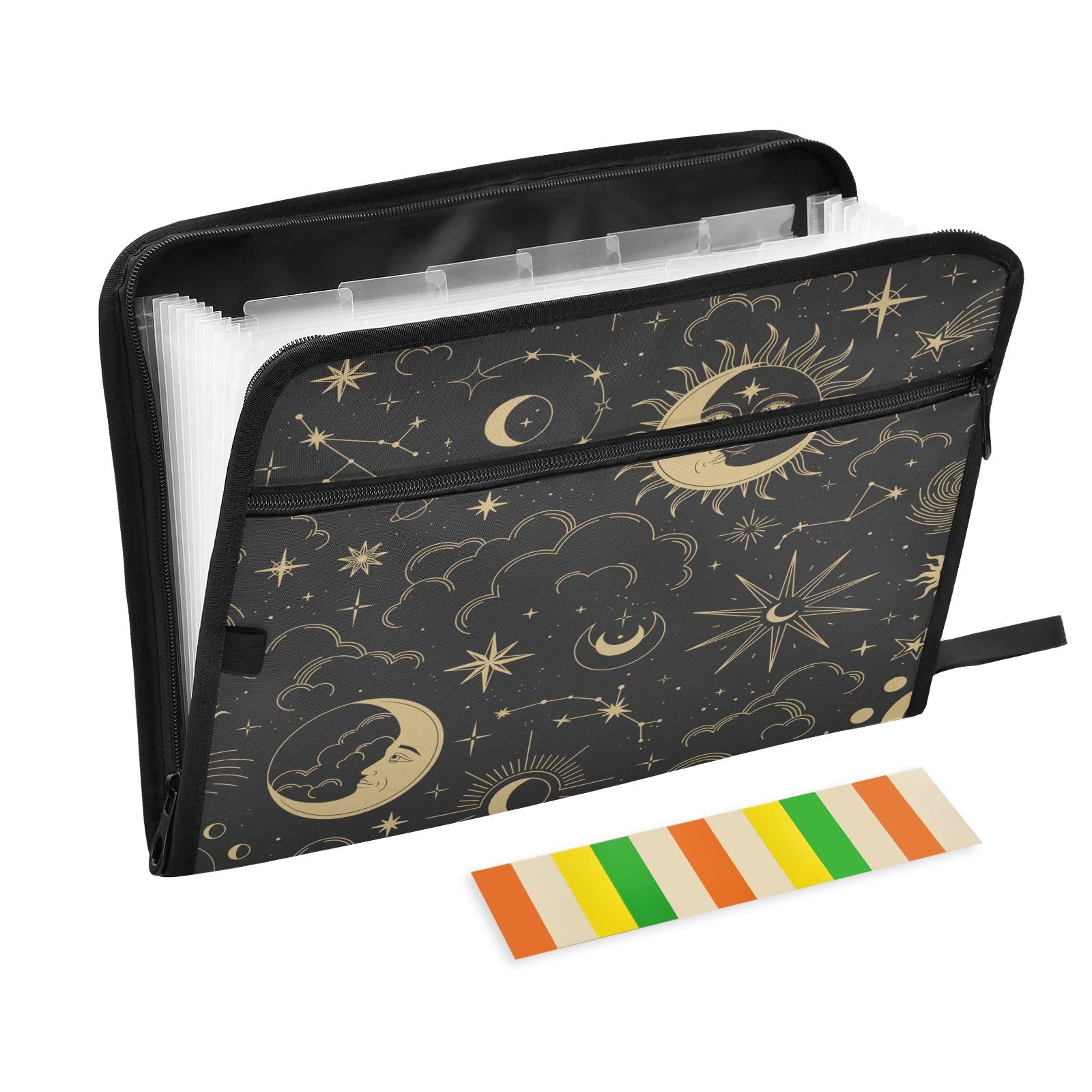 Magic Boho Sun Constellation Moon File Organizer 13 Pocket Expanding File Folder with Front Pouch Portable Business Fire Storage Document Organizer Folder with Zipper