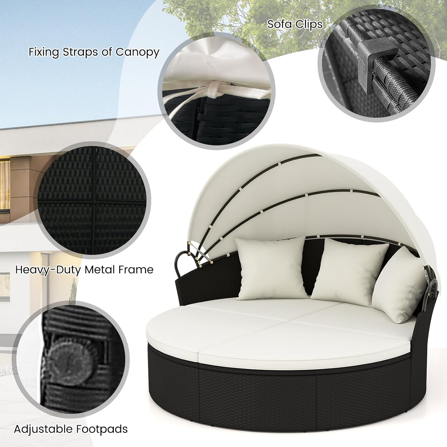 Moccha Outdoor Daybed with Retractable Canopy - Round Sectional Sofa w/ Cushions & Pillows, Separated Seating, Rattan Sunbed, Clamshell Conversation Set for Garden Patio Furniture Set (Off White)