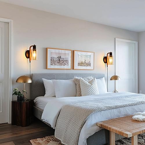 Miniatura 6 de Juego de 2 apliques de pared enchufables con interruptor táctil, regulables, con iluminación de pared de vidrio ámbar para casa de campo,