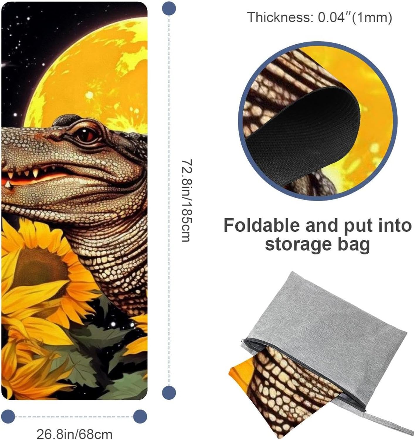 Yoga Towel, Crocodile Star Sunflower Non Slip Sweat Absorbent Hot Yoga Mat Towel for Hot Yoga, Pilates and Fitness - 72.8" x 26.8"