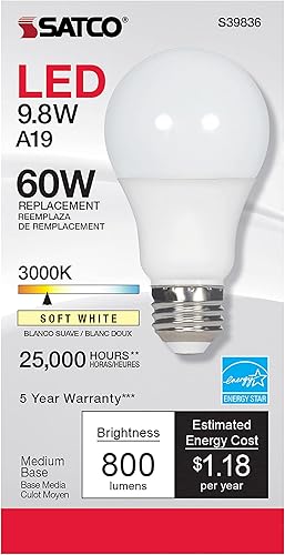 Miniatura 2 de Satco S39836/06 - Bombillas LED E26 de 9.8 W, 3000 K, clasificación de 25000 horas, regulable, 1 unidad (paquete de 6)