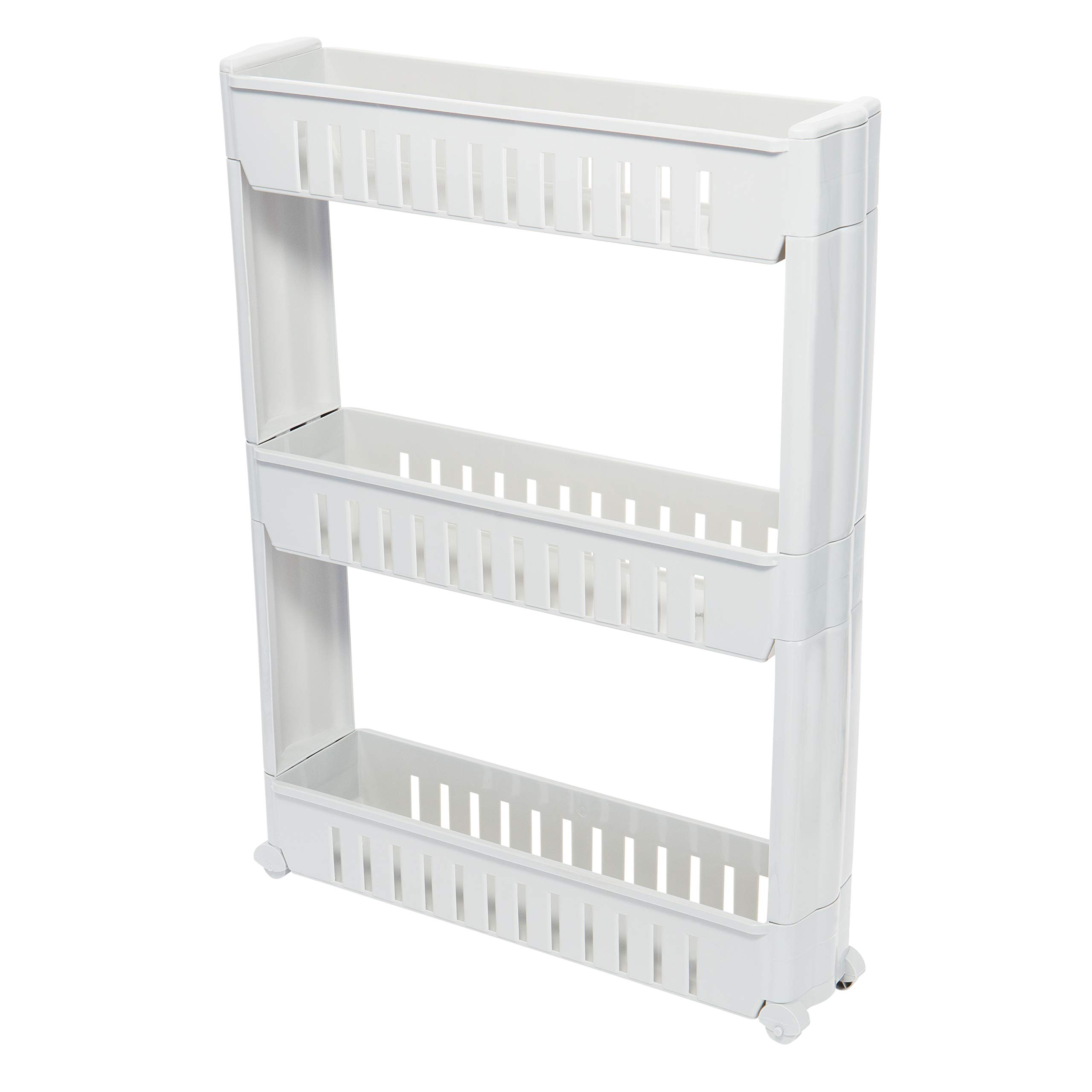 Simplify 3 Tier Slim Side Out Storage Cart | Multi-Purpose Organization | Rolling | Wheels | Fits Small Spaces | Laundry Room | Kitchen | Office | White