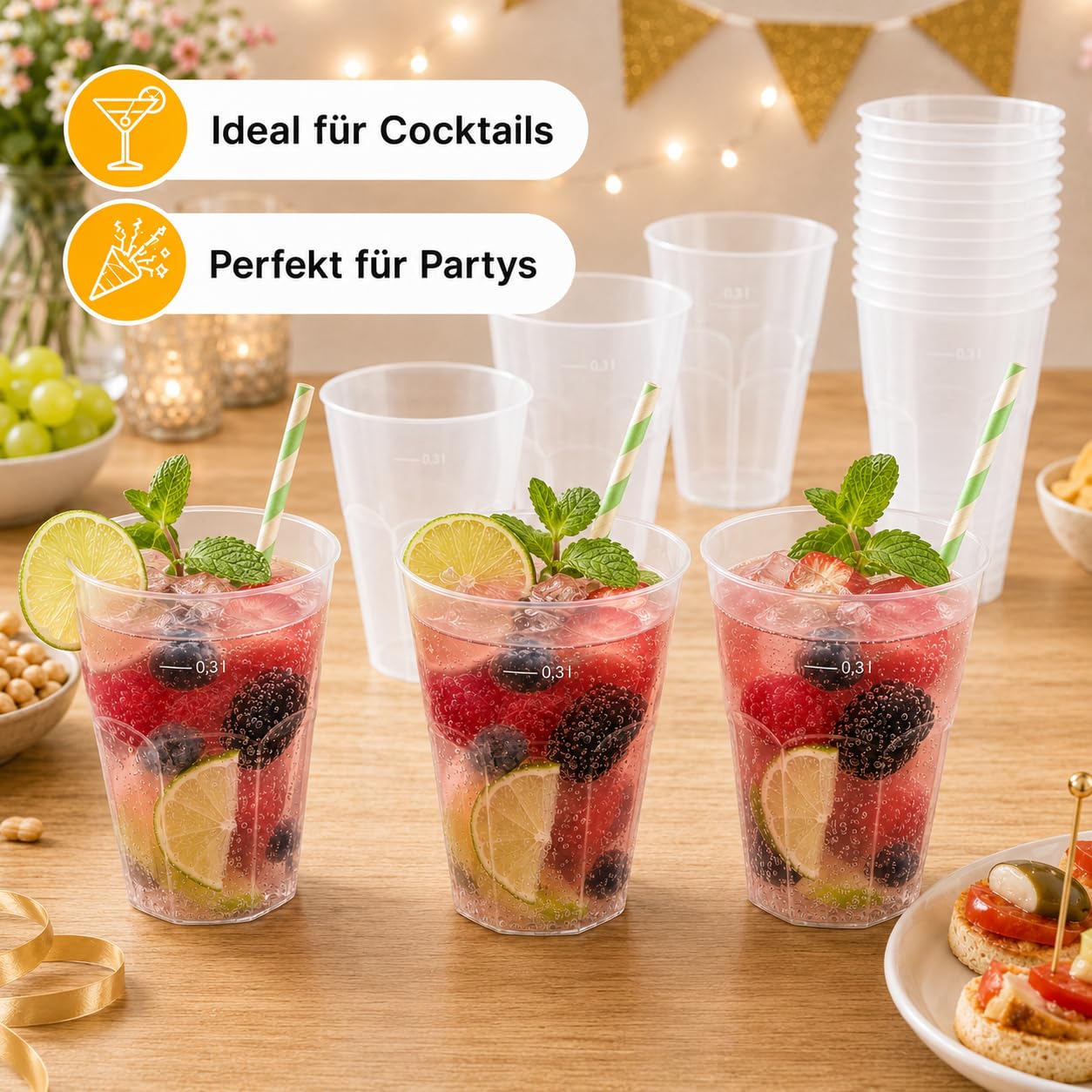 450 Cocktailbecher 300ml Made in Germany | wiederverwendbare Getränkebecher mit Eichstrich | bruchsicher | spülmaschinenfest | transparente Trinkbecher 0,3l | Partybecher