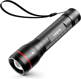 Lepro Linterna LED Alta Potencia, LE3000 OSRAM P9 Linterna 5 Modos de Luz, Impermeable IPX4, Foco Ajustable con Zoom para Acampar, Emergencia, Bricolaje, Senderismo (Baterías no Incluidas)