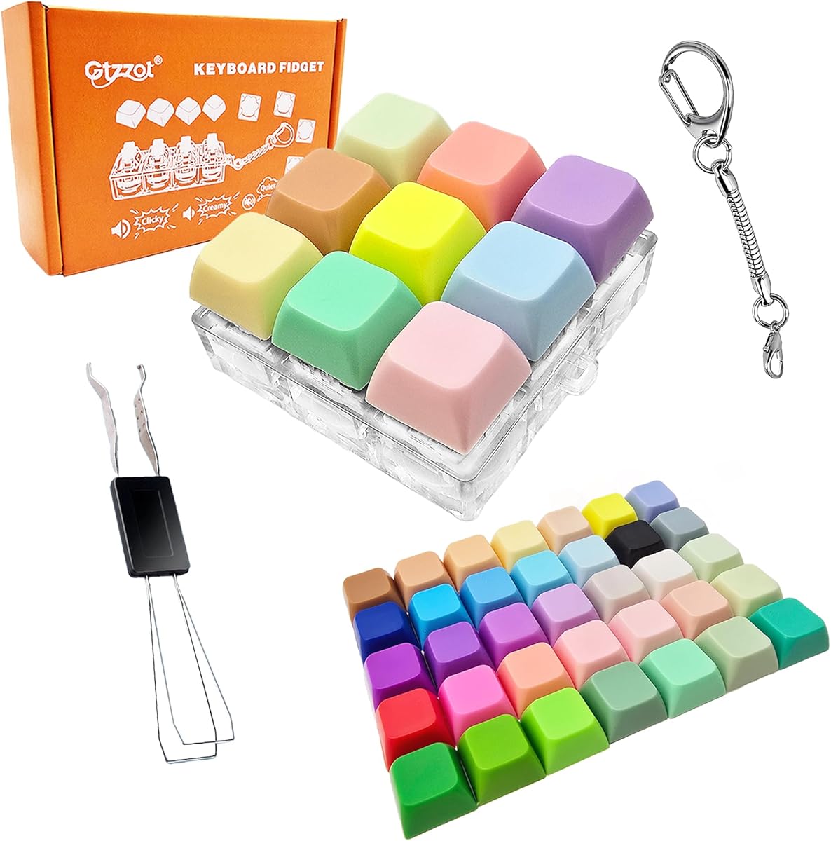 9-in-1 Mini Keyboard Fidget Toy — Stress Relief Clicker Keychain with 35 Colorful Removable Keycaps | Clicky Button Fidget for Adults, Calm Anxiety Office Travel School Home