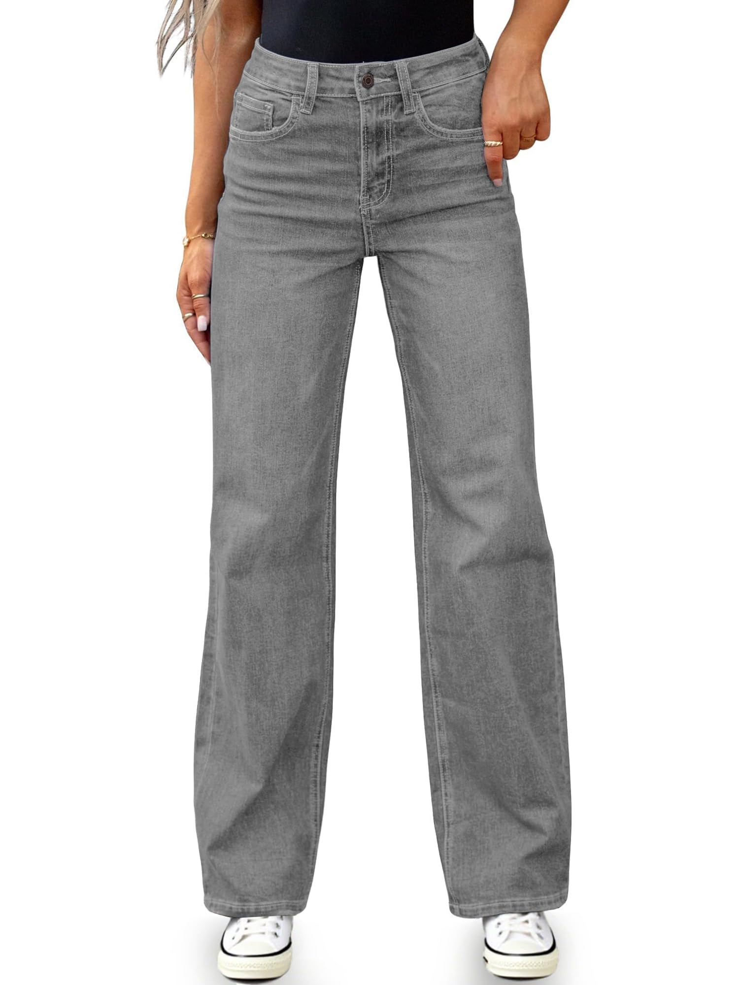 BMSTAY Women's High Waisted Straight Leg Jeans Stretchy Wide Leg Bootcut Denim Pants 2025 Trendy, Light Grey, Large