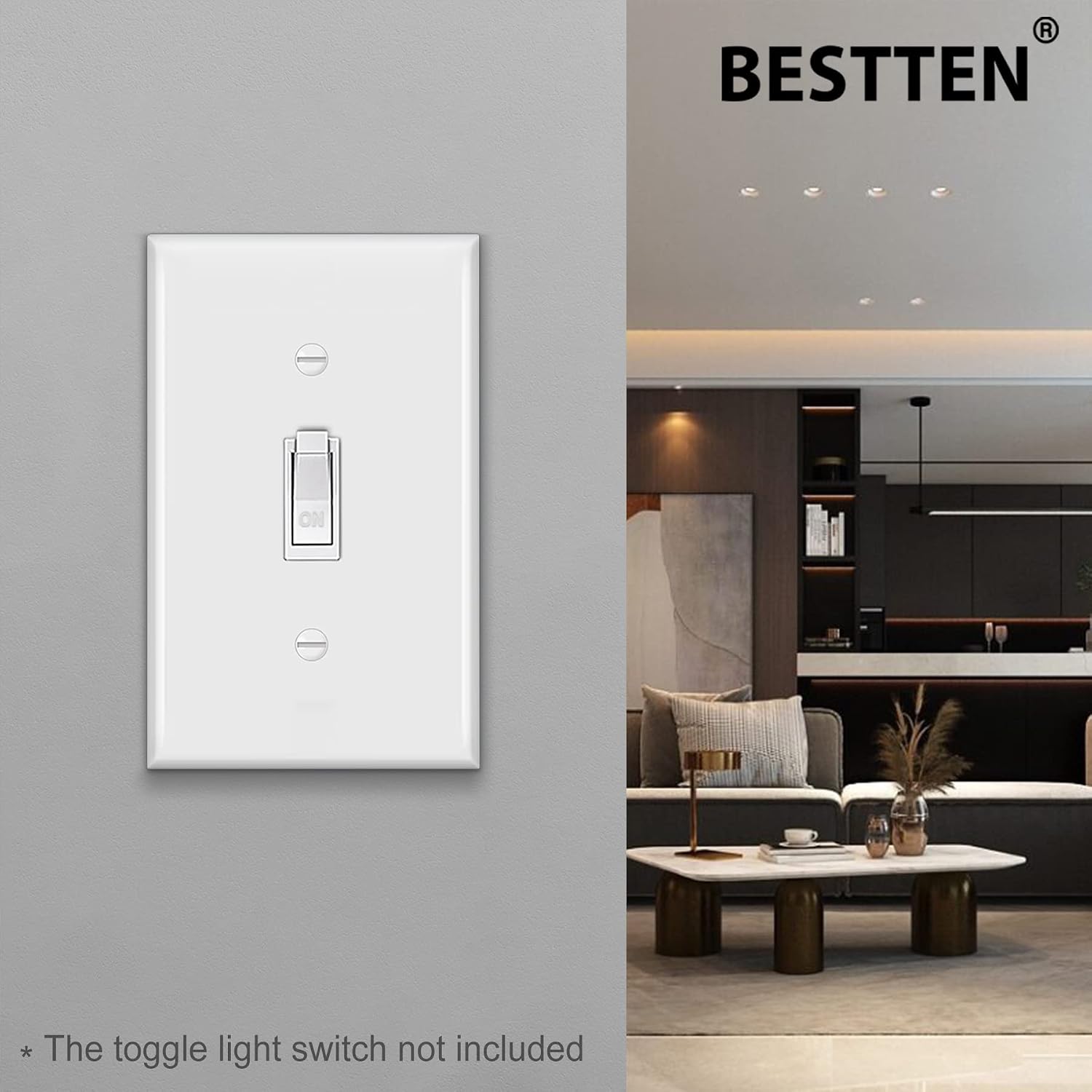 [10 Pack] BESTTEN 1-Gang Toggle Wall Plate, Unbreakable Polycarbonate Toggle Light Switch Cover Plate, Standard Size, UL Listed, White