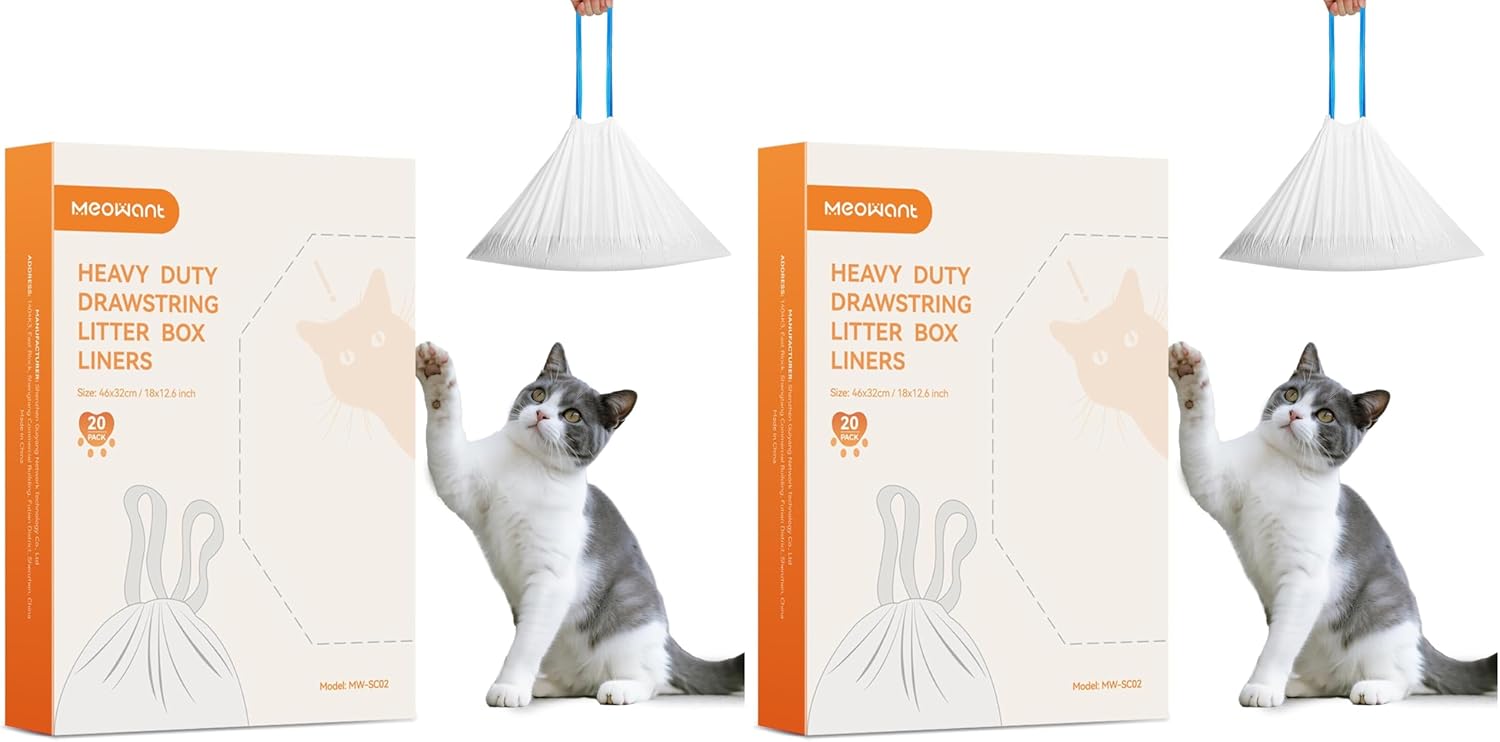 MeoWant Cat Litter Box Liners for Automatic Litter Box, Compatible with MeoWant MW-SC01/SC02/SC09, Drawstring Cat Litter Bags with Thick & Durable, Replaceable & Waterproof, 20pcs (Pack of 2)