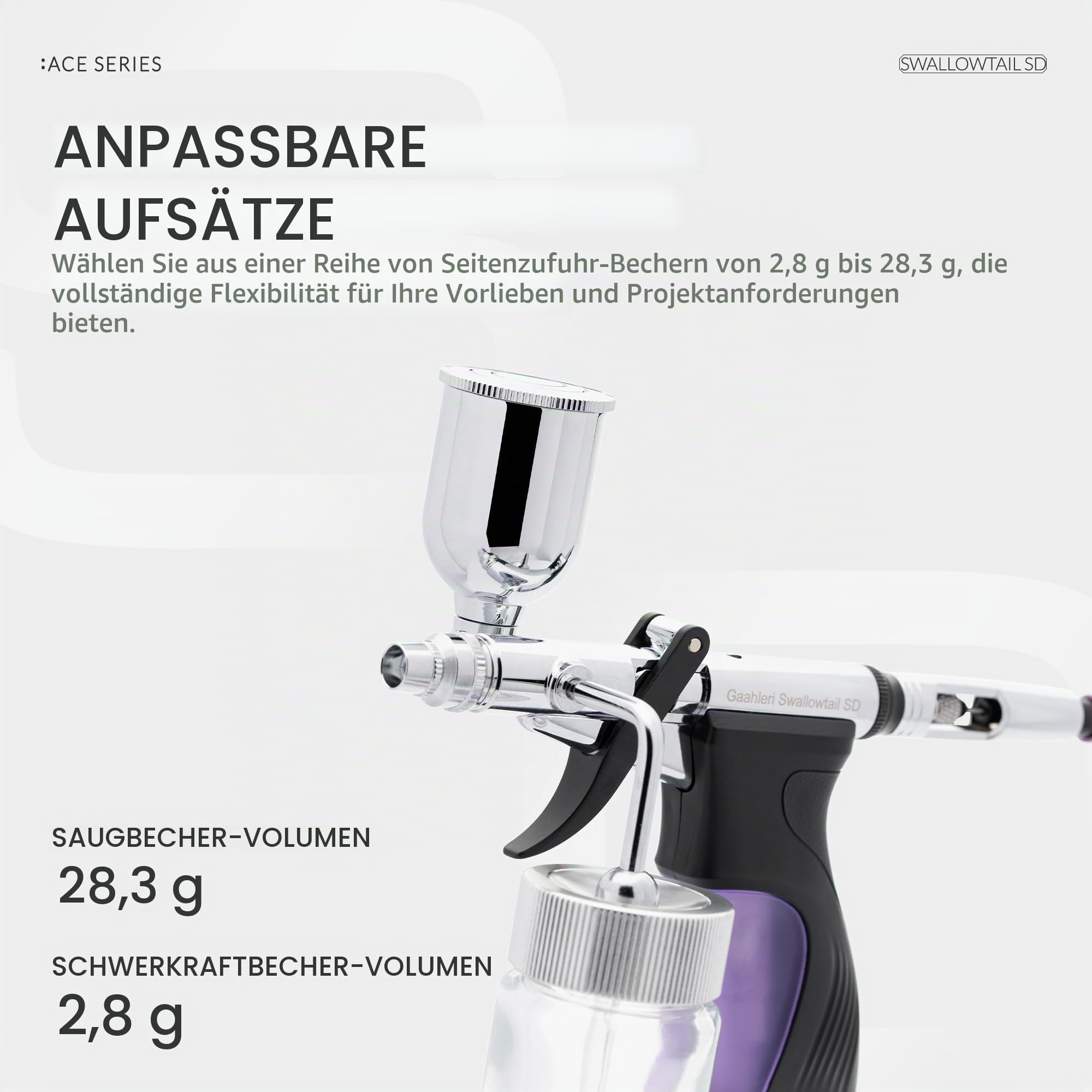 Gaahleri Airbrush Ace Series GHAC-Swallowtail Side Airbrush, Seitenzufuhr & Saugzufuhr, Side feed & siphon feed, 0.28mm & 0.5mm Düsenset mit Fan Cap, für Modellbau Farbgestaltung Kunstmalerei