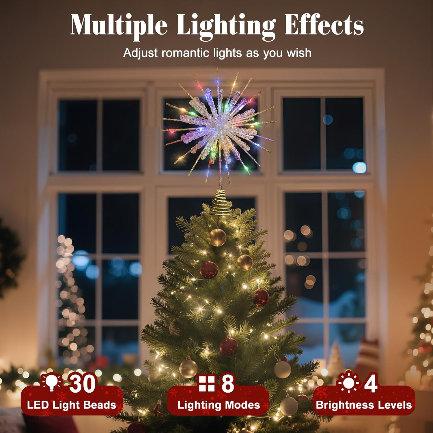 Lewondr Christmas Snowflake Tree Topper, 12.2in Xmas Tree Topper with Glittered Epoxy & 30 LED, Remote&USB Powered Snowflake Treetop, Xmas Decor for Home Party, 6H Timer&8 Modes, Colorful Light, Gold