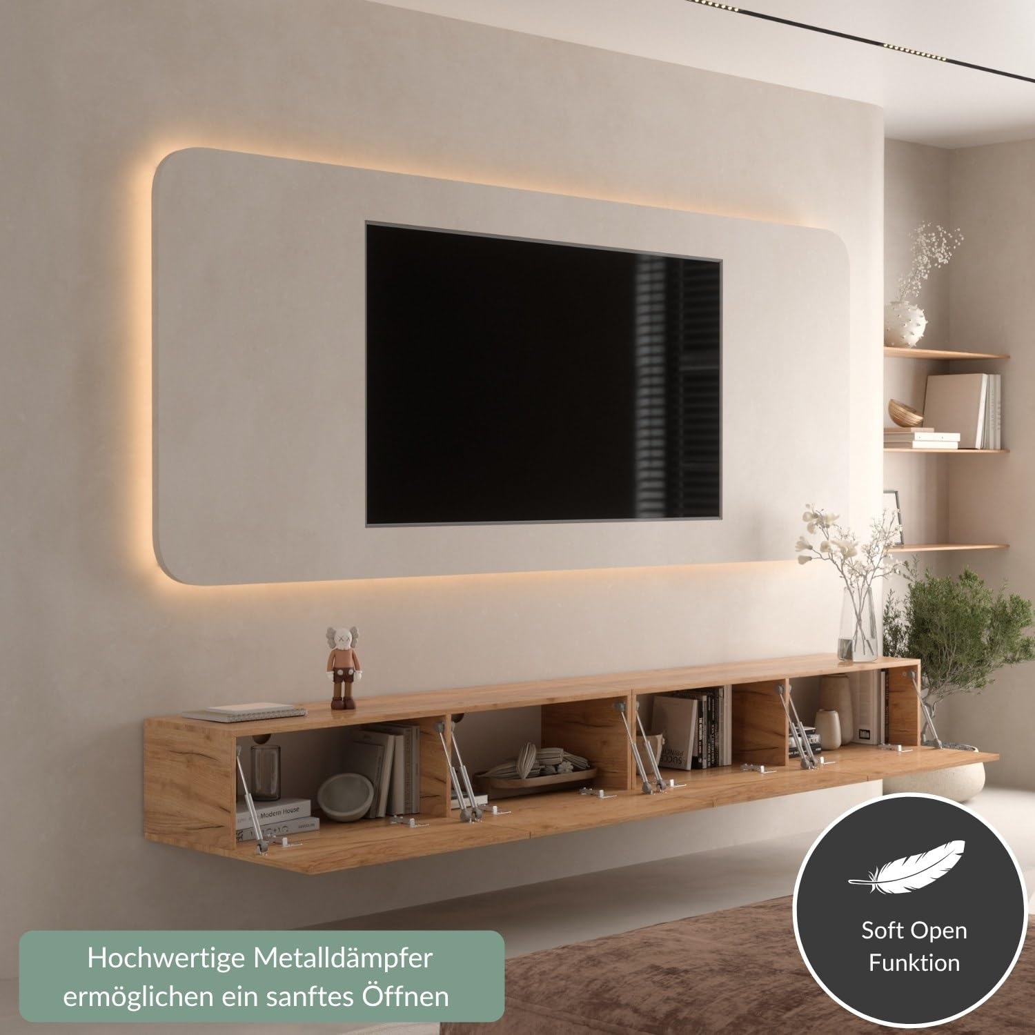 Planetmöbel West TV-Schrank, Fernsehtisch 280 cm lang, TV-Board | für Fernseher bis 65 Zoll, TV Board viel Stauraum, lowboard hängend, 2x Fernsehschrank 140 x 30 x 37,5 cm, gold eiche