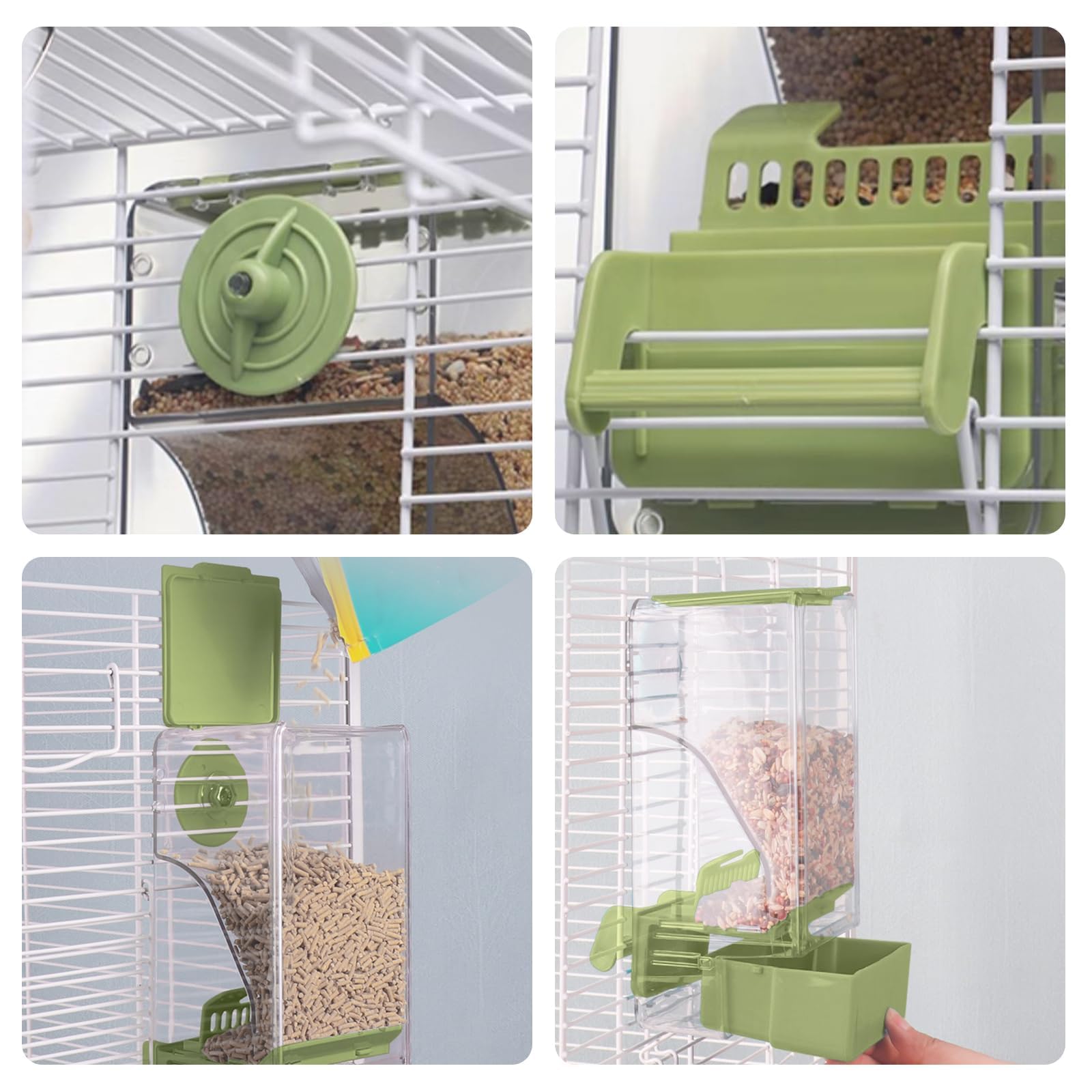 Distributeur d'eau sans désordre pour oiseaux, mangeoire automatique avec perchoir pour graines, perruches, canaris, calopsittes, pinsons, perruches (vert)