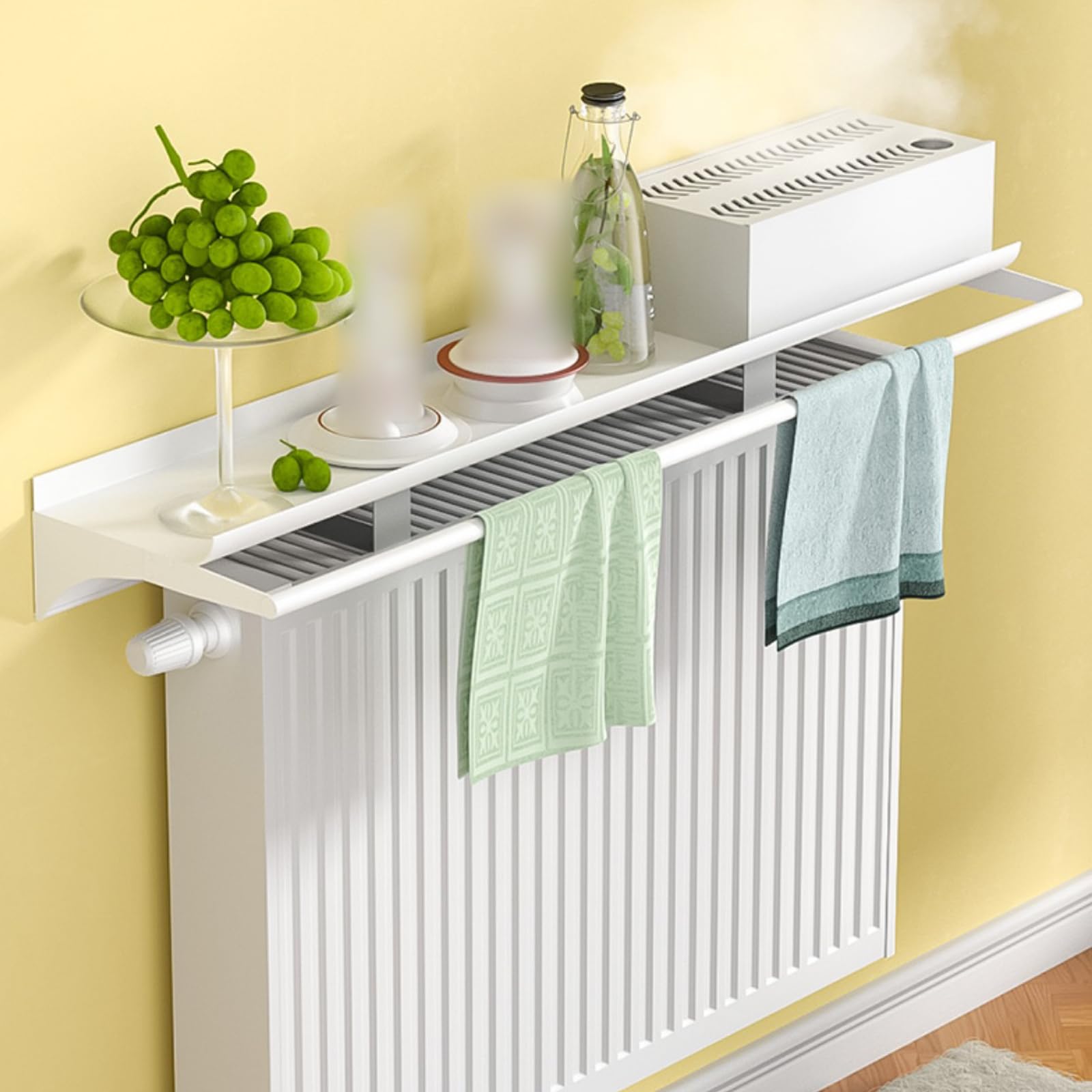 Mensola sopra il radiatore con barra portasciugamani Copertura del radiatore in alluminio senza foratura Design galleggiante per soggiorno, cucina, ufficio, staffa in acciaio inox soluzione