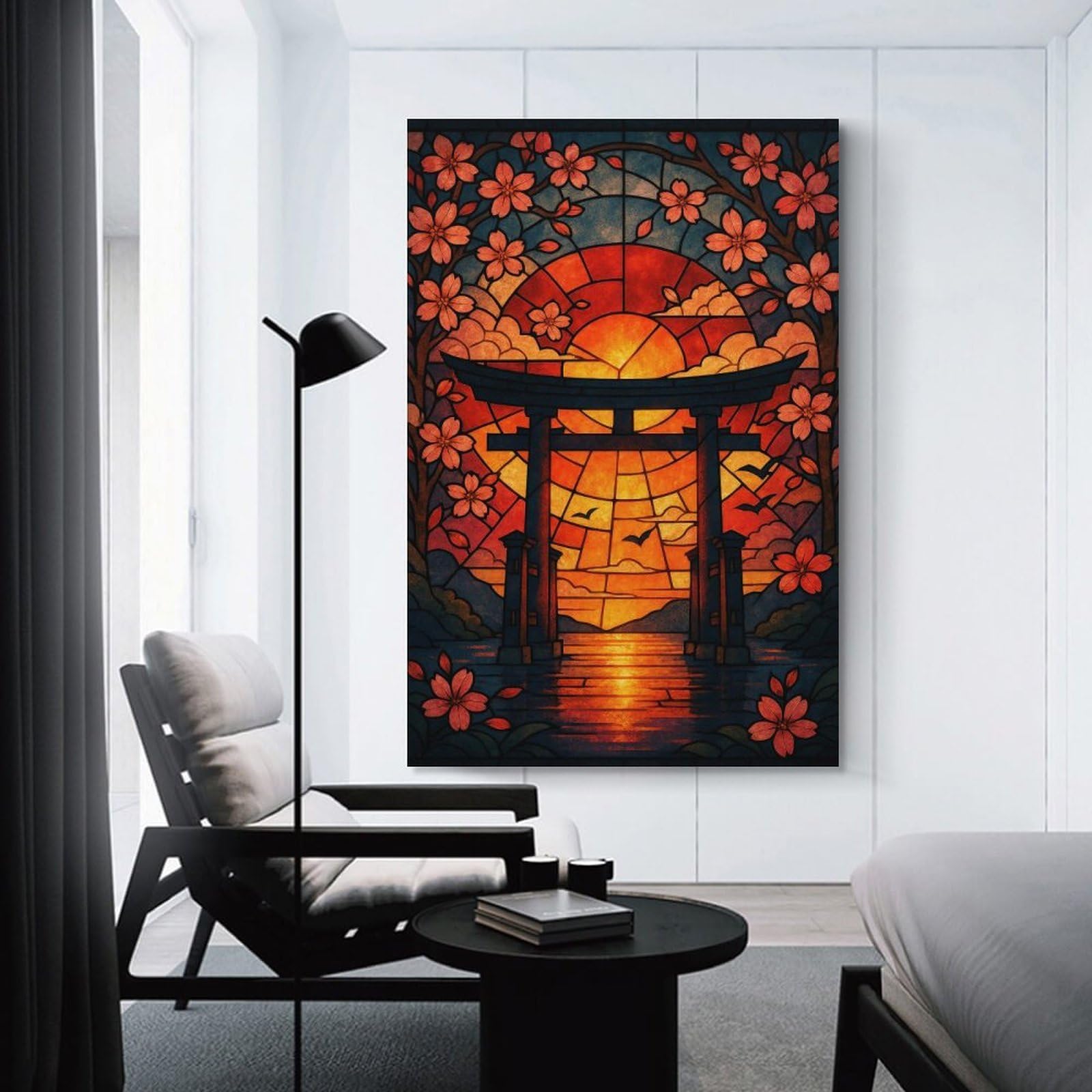 Junmoney Unframe-Style-13 Stained Glass Torii Gate Sunset Decorative Canvas Print, 20X30inch(50X75cm), For Living Room, Bedroom Or Home Office, Canvas Artwork With Gifting Potential