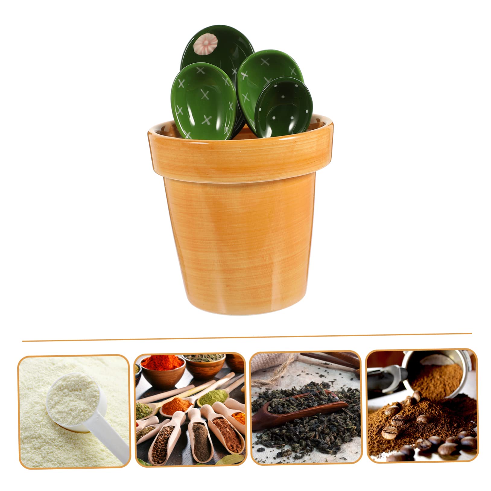 PRETYZOOM Juego de Cucharas Medidoras Forma de Cactus y Maceta de Cerámica Capacidad 290ml, Soporte para Ingredientes Secos y Líquidos en Cocina