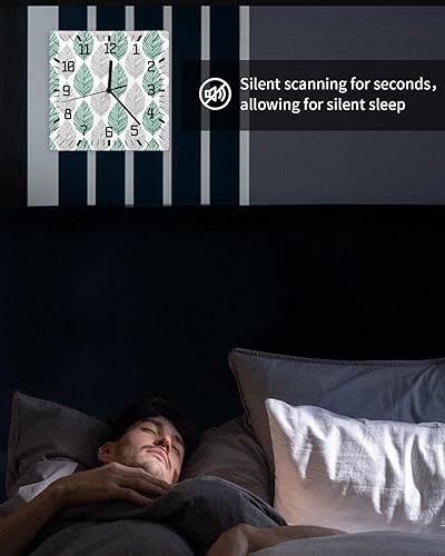 Miniatura 6 de Green and Grey Leaf Texture Wooden Wall Clock Silent Non Ticking, Gray Abstract Art Leaves Square Wall Clock Battery Operated, Decor Clock for Home