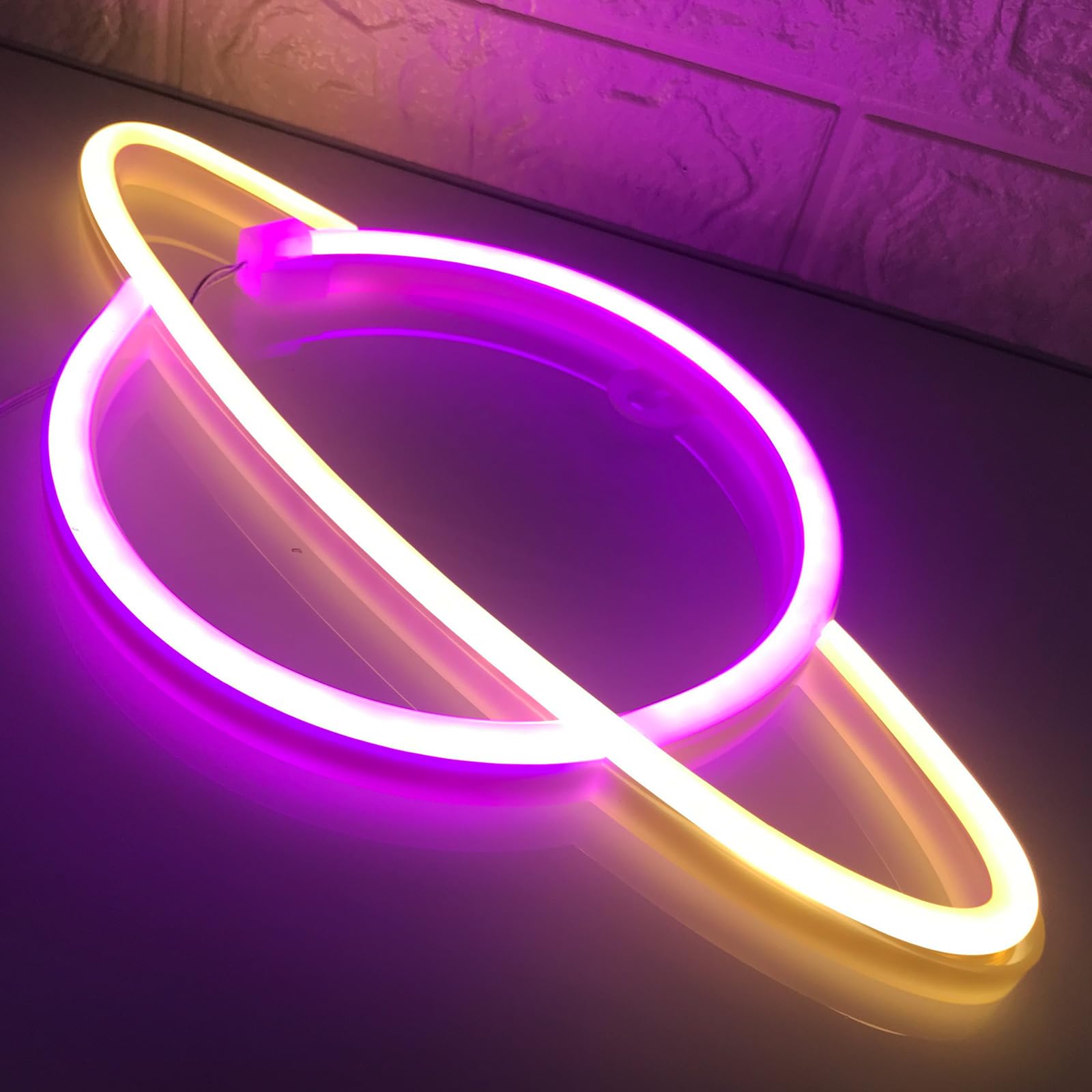 Planet neon znak - USB/bateria Driven LED znak sypialni neonowy znak ścienny dekoracje urodzinowe ślub Boże Narodzenie dekoracja pokoju, różowy + żółty