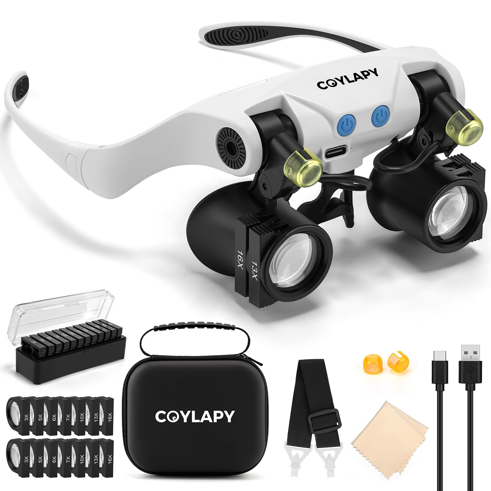 Photo 1 of COYLAPY Magnifying Glasses for Close Work, Jewelers Magnifying Glasses with Light & 7 Interchangeable Lens Pairs(3X 5X 6X 7X 10X 13X 16X), Headband Loupe Magnifier for Watch Repair, w/Case