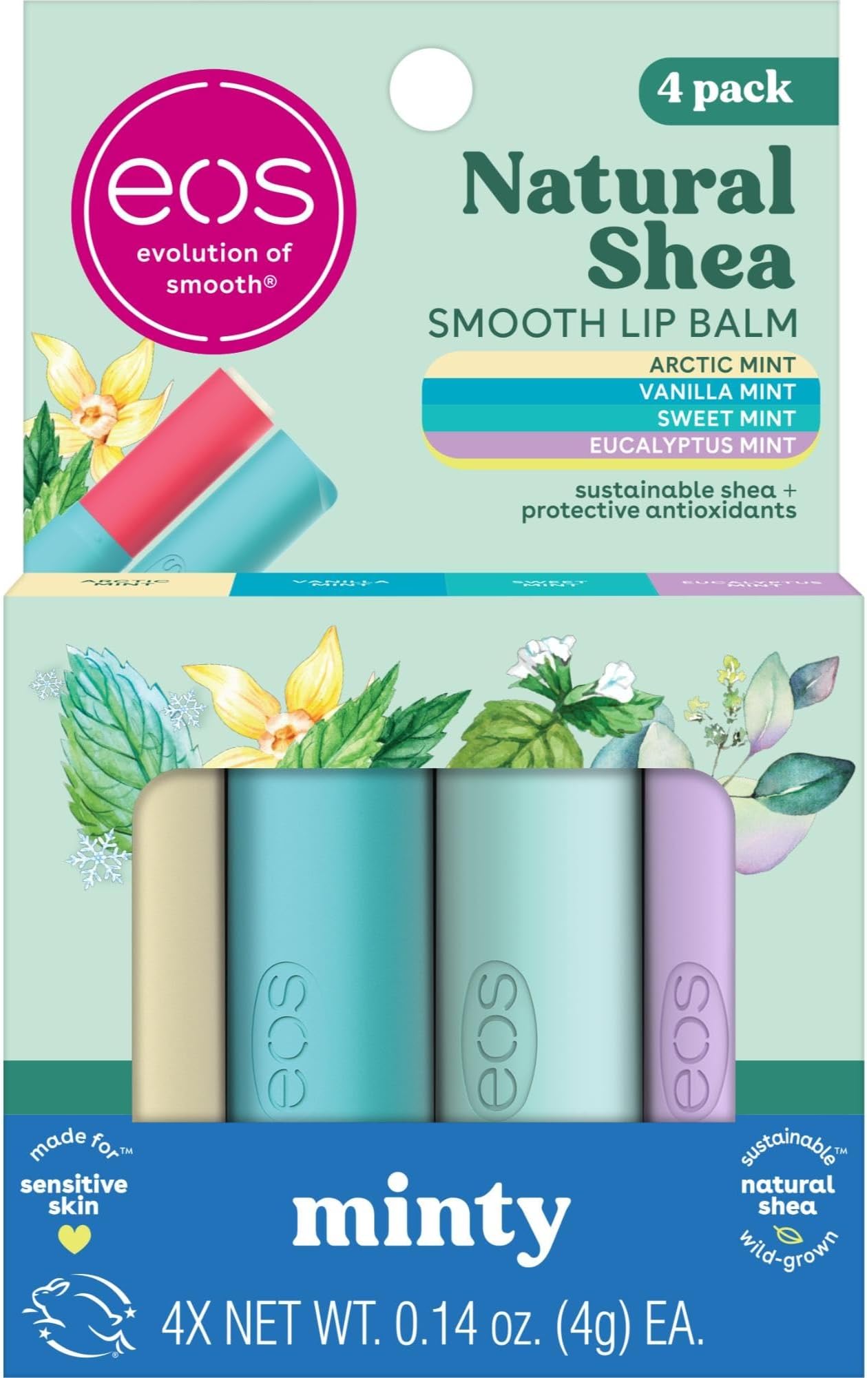 Natural Shea Lip Balm Variety Pack - Arctic, Vanilla, Sweet, Eucalyptus Mint, All-Day Moisture Gift Set, 0.14 oz, 4-Pack