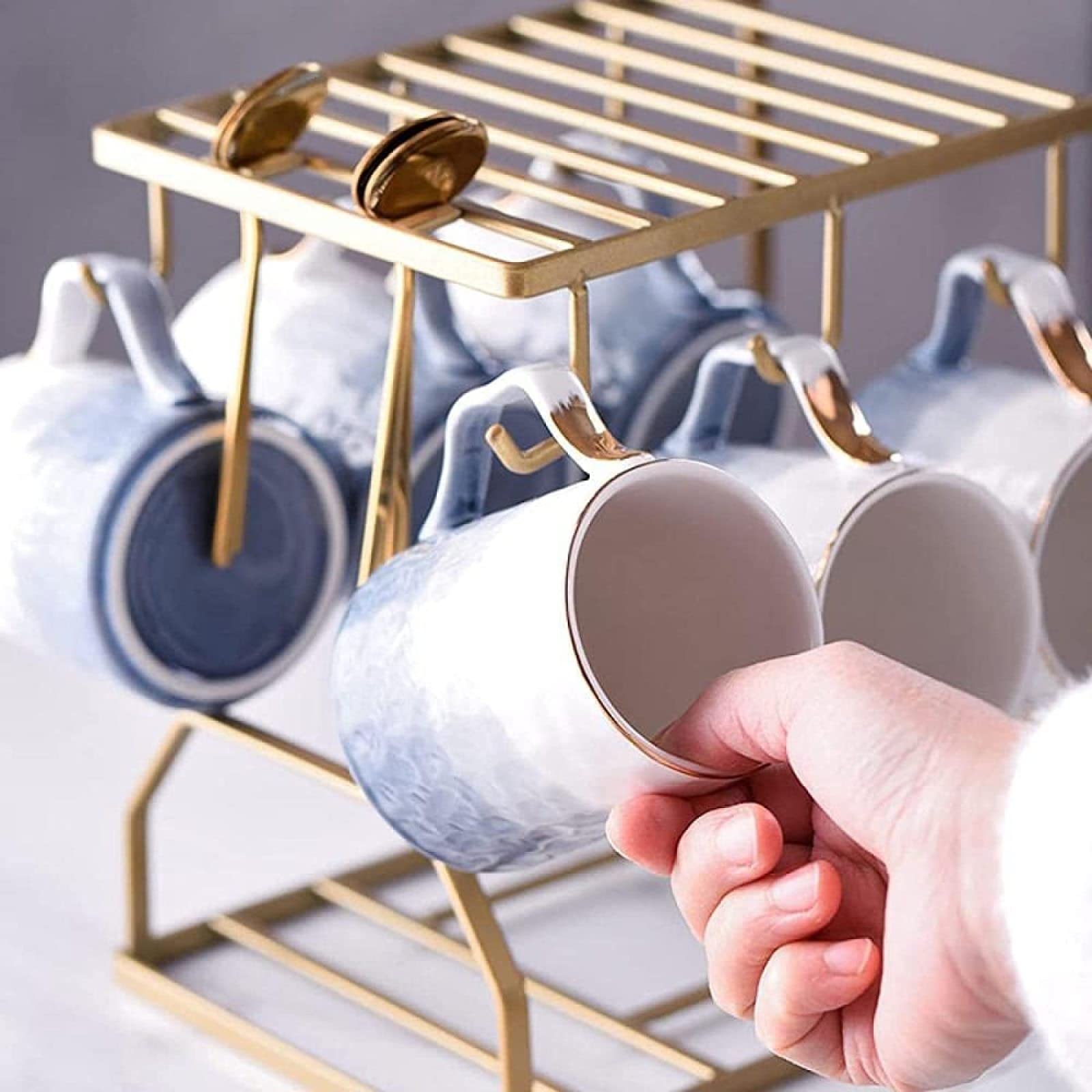 Zestaw filiżanek do espresso, kubki do kawy, porcelanowe zestawy do herbaty z metalowym stojakiem dla dorosłych nowoczesny z uchwytem na kubek i łyżeczką do wody