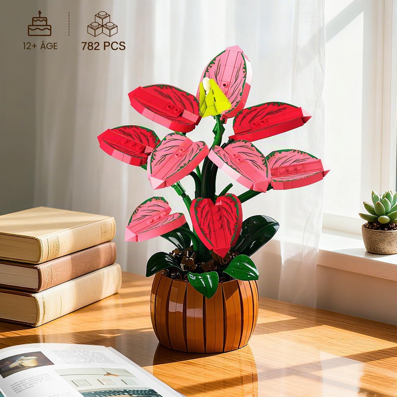 HiWEEGO Flowers Botanicals Bonsai Building Set - Bonsaï Artificiel Aglaonema pour la décoration intérieure, 782 pièces de Fleurs artificielles à Assembler, Cadeau d'anniversaire pour Adultes