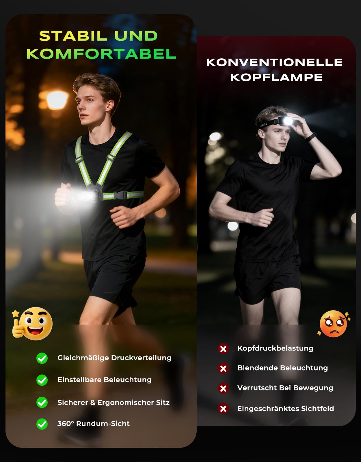 500 Lumen Lauflicht, Lauflampe Joggen mit 360° Reflektoren, Wiederaufladbar Brustlampe, 45° Verstellbar, 7 Modi & IPX4 Wasserdichter Running Light Stirnlampenzubehör für Nachtlauf