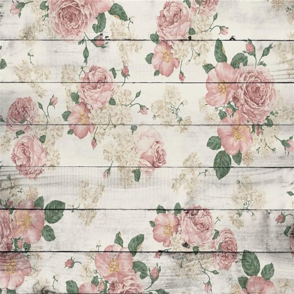 AOFOTO 8x8ft Vintage Wood Plank with Rose Floral Photography Backdrop Retro Pink Roses on Wooden Board Rustic Wedding Background Lady Woman Artistic Portrait Valentine's Day Photoshoot Studio Props