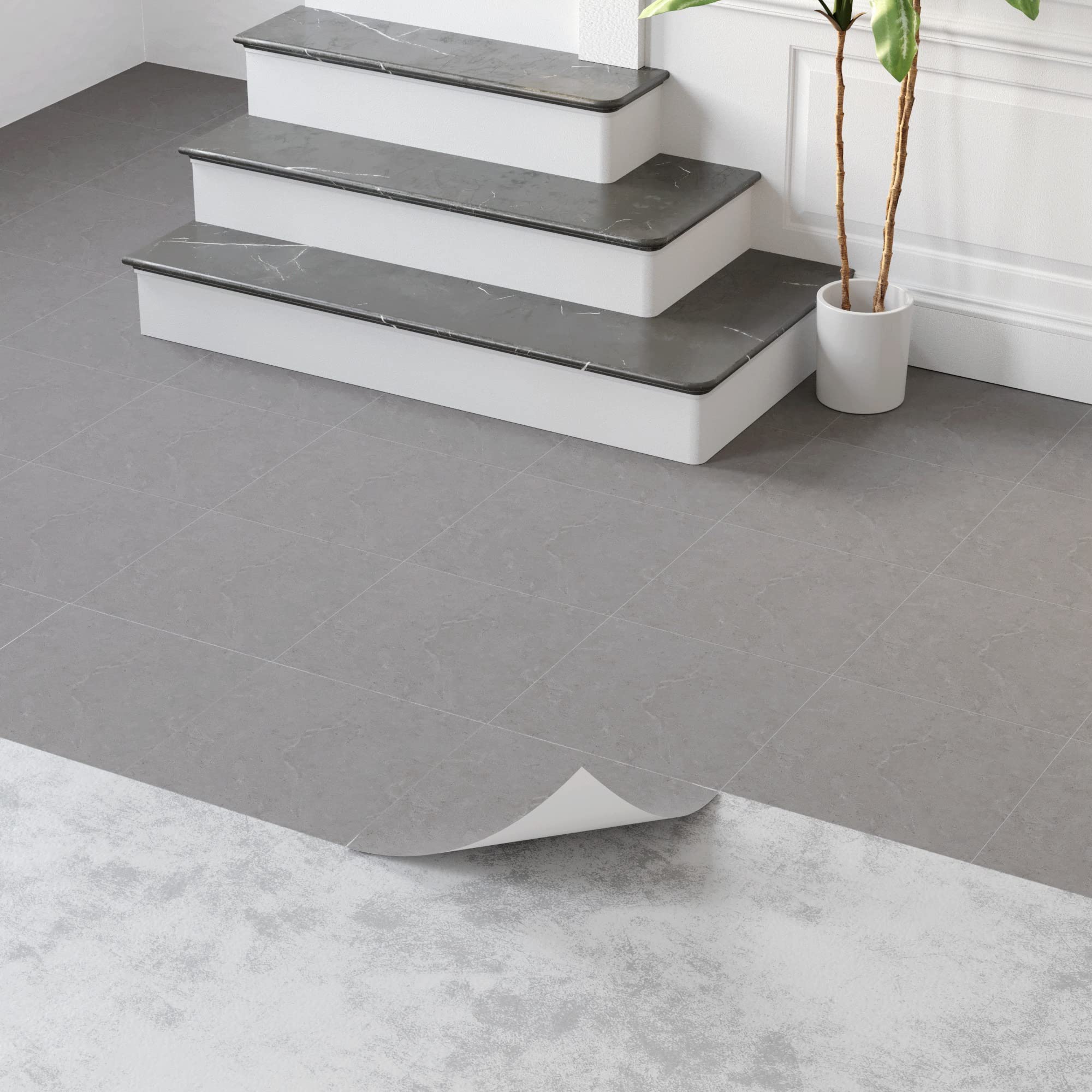 Lot de 50 revêtements de sol en PVC autocollants - Gris marbre - 30 x 30 cm - Aspect carrelage - Pour porte d'entrée, salon, cuisine, balcon, salle de rangement - 4,5 m²