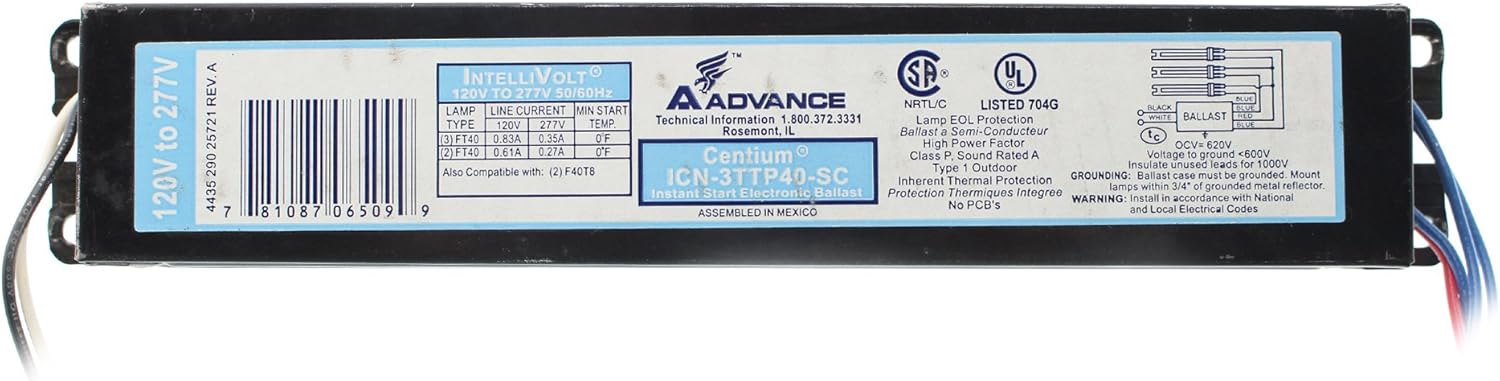 Advance Philips ICN-3TTP40-SC Centium Ballast, 3-Lamp, FT40, 40W CFL, 120/277V