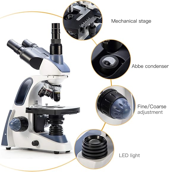 Swift SW380T Compound Trinocular Microscope, 40X-2500X Magnification, Two-Layer Mechanical Stage, 5.0 MP Camera and Software Windows/Mac Compatible and 100 PCS Blank Slides