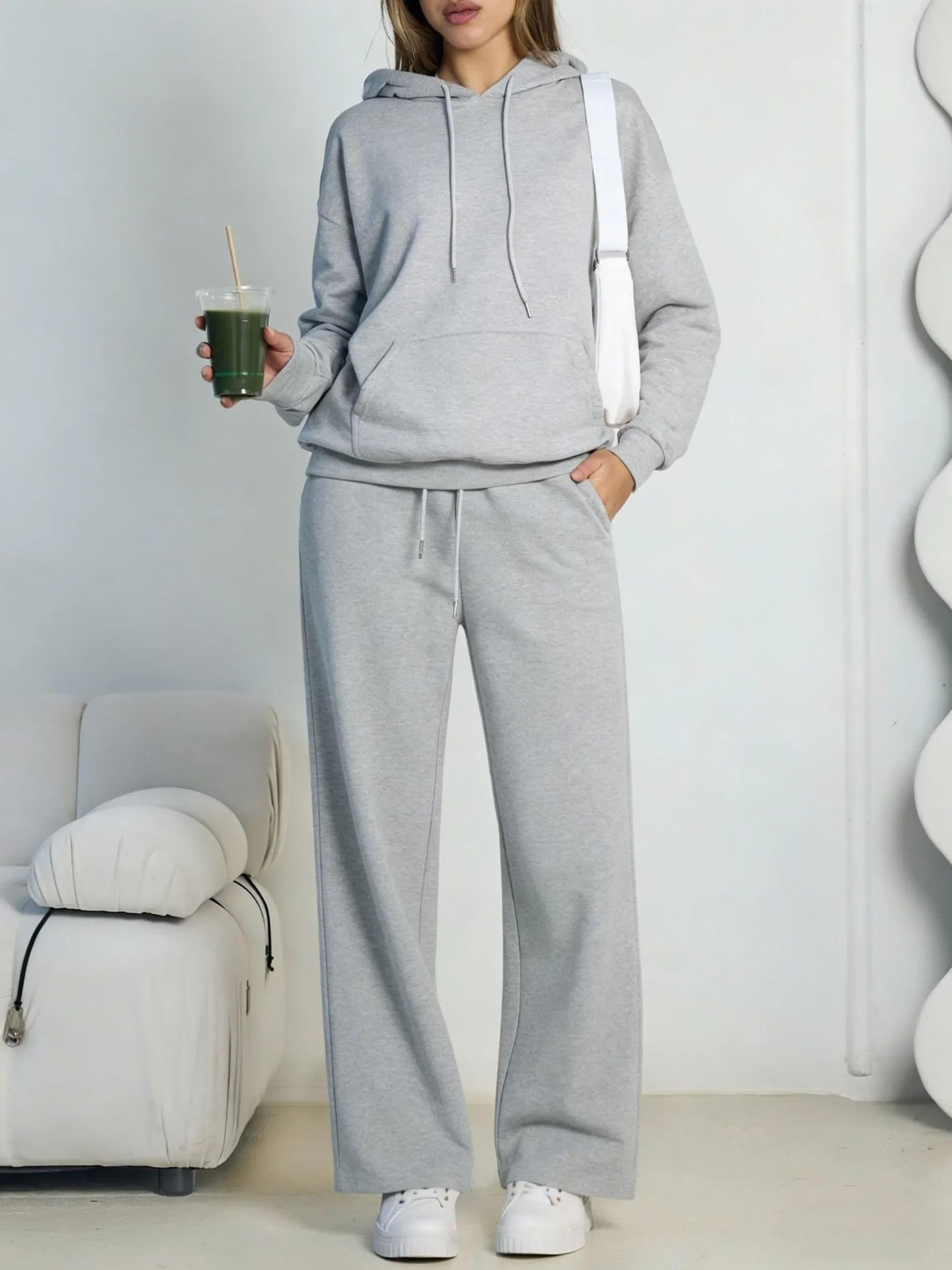 Ensemble 2 pièces sweat à capuche pour femme, sweat et pantalon large décontracté