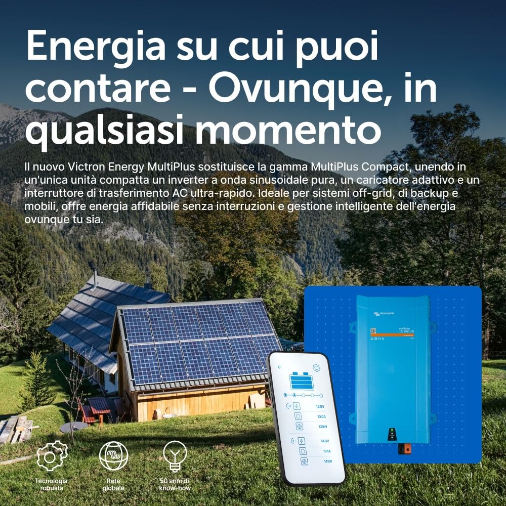 Victron Energy MultiPlus 1600VA 12-Volt 230V Inverter Onda Sinusoidale Pura 70 amp Caricatore Batteria