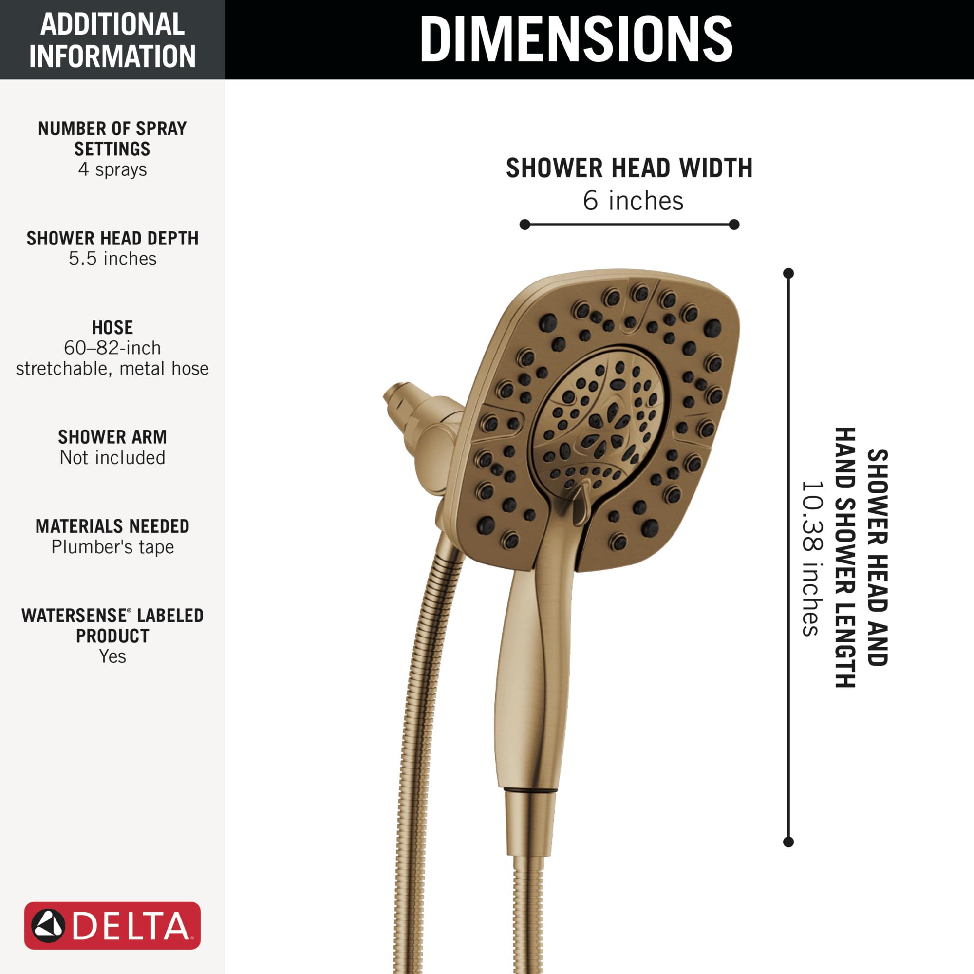 Delta In2ition Duschkopf Mit Handbrause – 4 Strahlarten, Gold, Wassersparend, Einfach Zu Reinigen