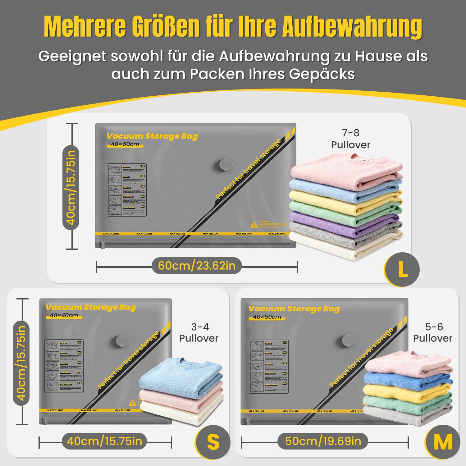 Vakuumbeutel für Kleidung mit Kabellose Vakuumpumpe – 15er Set Vakuumbeutel Reise (40×40/40×50/40×60 cm), ideal für Reise & Aufbewahrung – Vacuum Bags for Clothing Travel & Storage