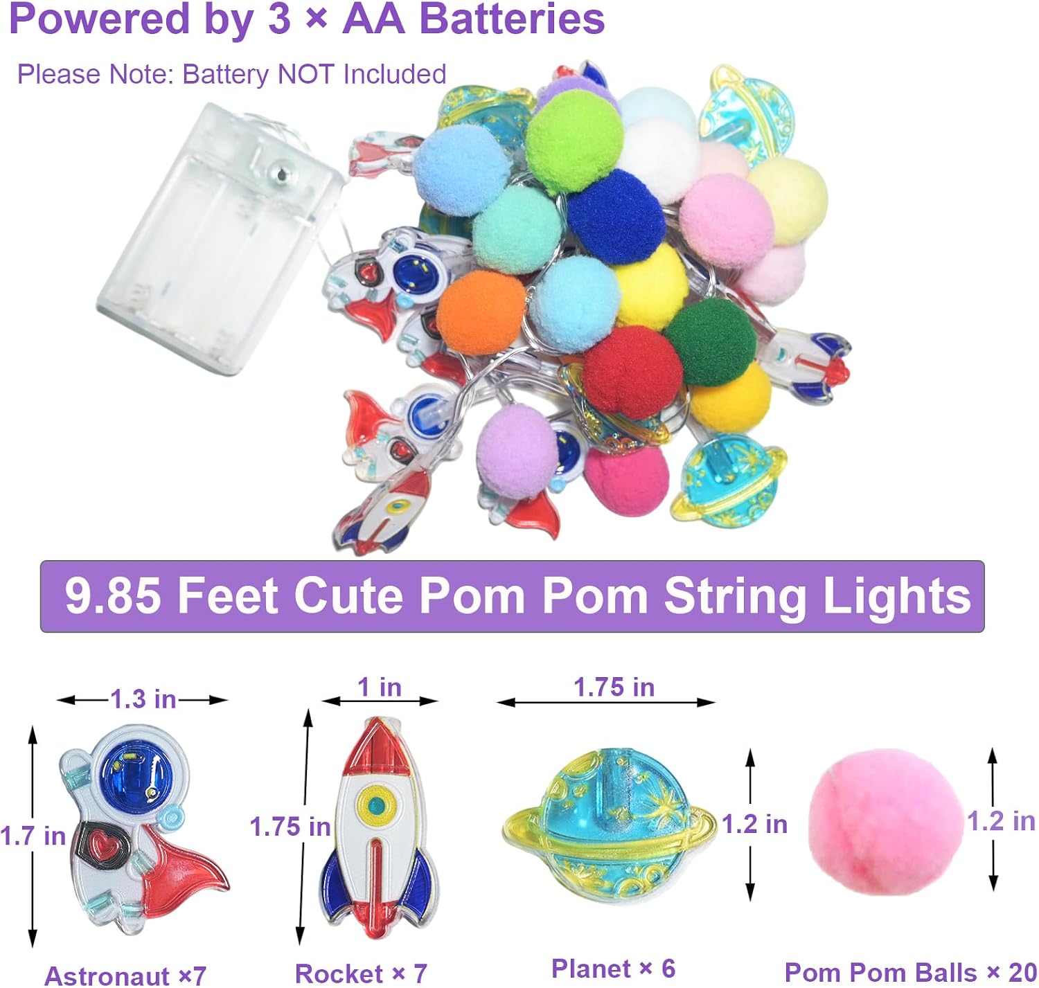 9.85Ft Space Pom Pom String Lights, 20 LED Cool Touch Battery Colorful Fairy Lights Timer & 8 Modes, Astronaut Rocket Planet Decor Boys Bedroom Nursery Tent Christmas Space Gifts Toddler Teen Boys