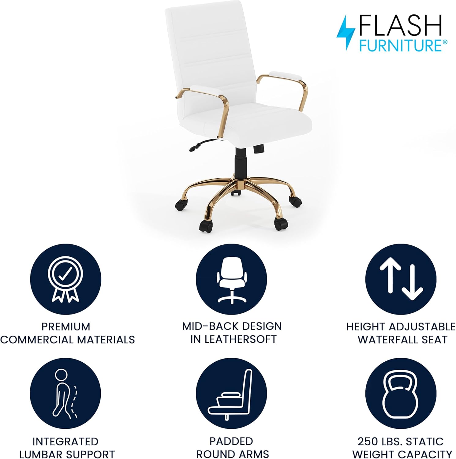 Flash Furniture Whitney Mid-Back Swivel LeatherSoft Desk Chair with Padded Seat and Armrests, Adjustable Height Padded Office Chair, White/Gold - Image 4