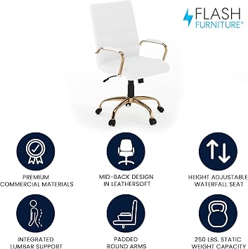Flash Furniture Mid-Back White LeatherSoft Executive Swivel Office Chair with Gold Frame and Arms