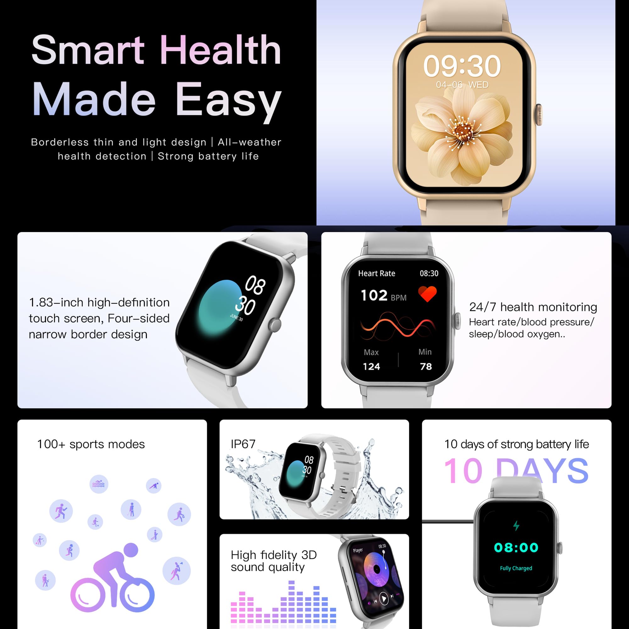 Smartwatch Damen mit Telefonfunktion, 1,83" Touchscreen IP68 Wasserdicht, 123 Sportmodi Aktivitätstracker, Herzfrequenz, Fitnessuhr für iOS Android (Gold)