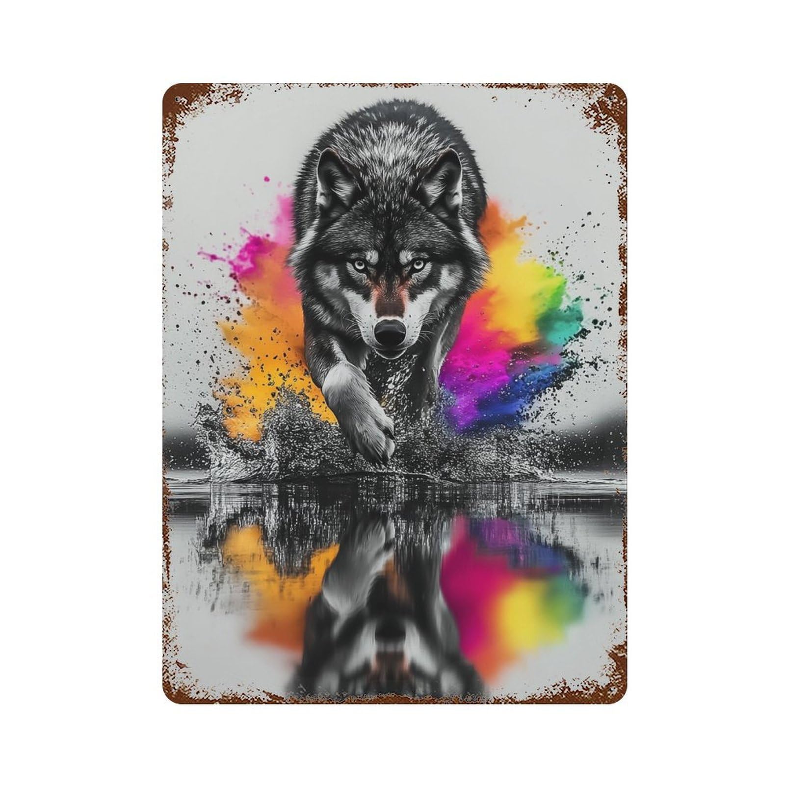 Rustic Tin Plaque with Wolf Spirit Animal Print Design 15.7"x11.8", for Pub, Kitchen And Man Cave Decor, Old School Wall Decor