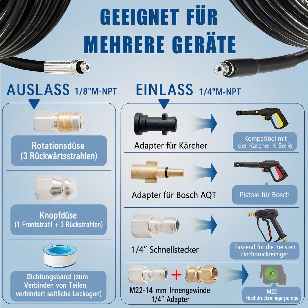 Rohrreinigungsschlauch 30m für Hochdruckreiniger, Rohrreiniger Set Kanalratte mit Rotationsdüse & Knopfdüse, Abflussreiniger Rohrfrei Kompatibel mit Kärcher K-Serie, Bosch AQT, Lavor & 1/4", 400Bar