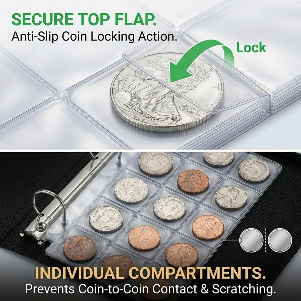 2000℉ Fireproof Coin Collection Book Holder with Magnifying Glass, 312 Pocket 3-Ring Coin Album Organizer with Flaps, Paper Money Storage Case Binder Currency Collecting Supplies (Black)