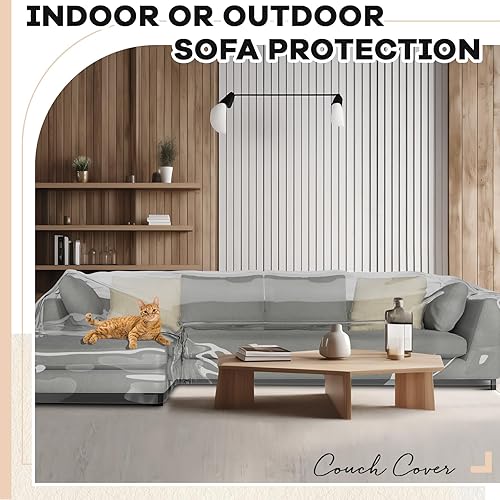 Miniatura 7 de Funda transparente en forma de L de 132 x 74 x 42 pulgadas de grosor, resistente al agua, de vinilo, para sofá seccional, para mascotas, evita
