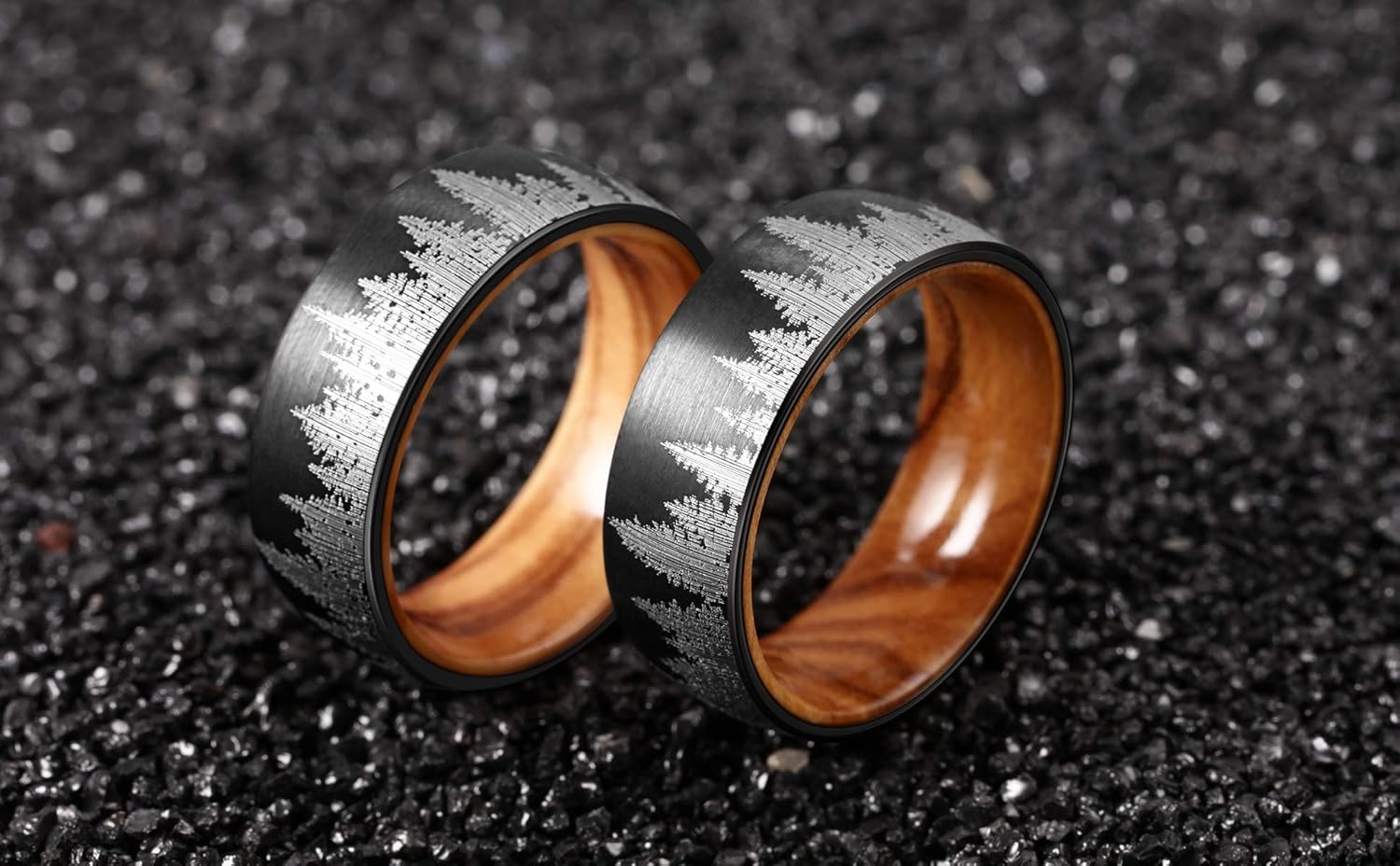Forest Rings for Men 8 mm Black Plated Wedding Band with Wood Liner Comfort Fit - Image 5