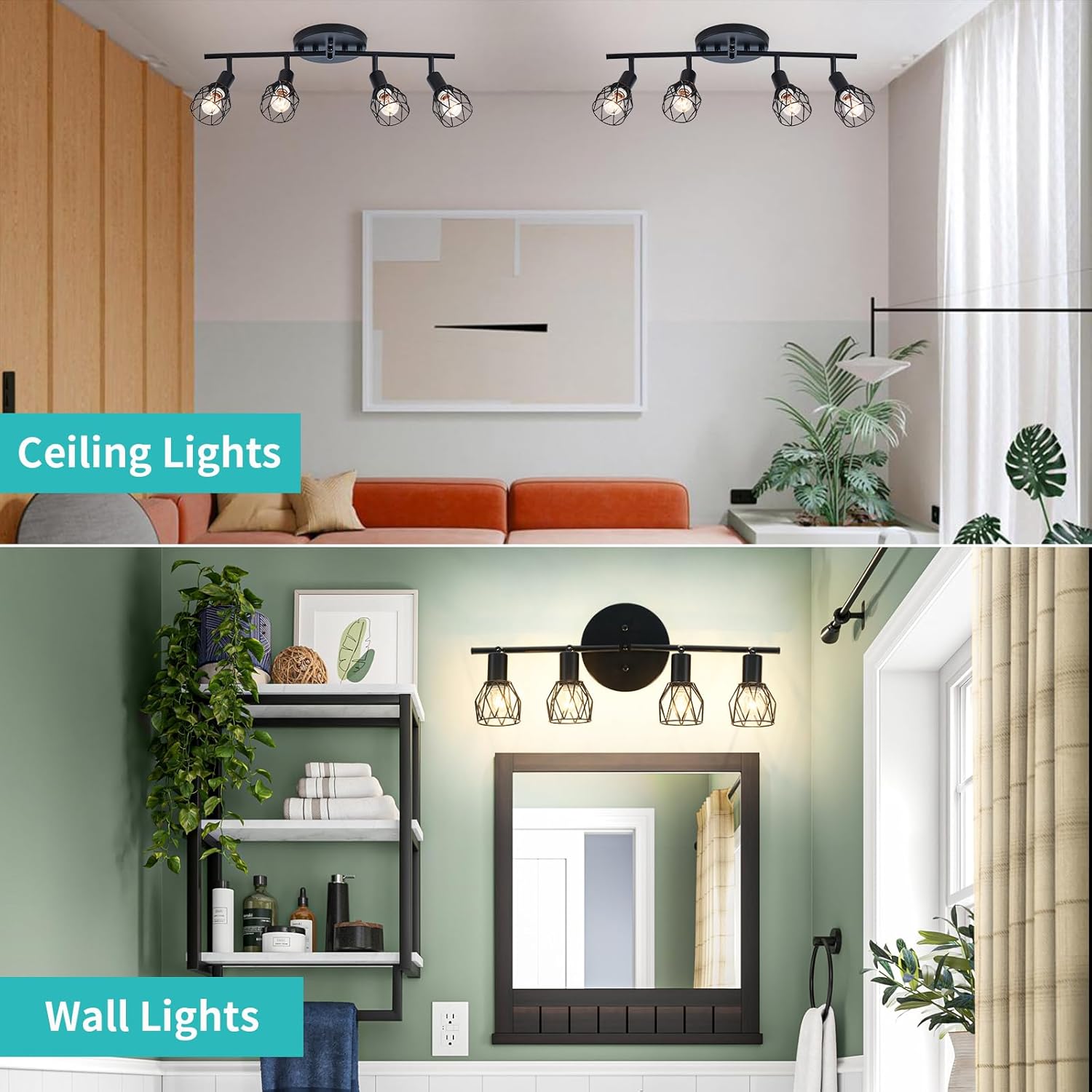 Track Lighting Kit, 4-Light Adjustable Multi-Directional Ceiling Light Fixtures, Vintage Black Metal Wire Cage Farmhouse Light Fixtures Ceiling Mount for Kitchen Dining Table Hallway Bathroom Bedroom