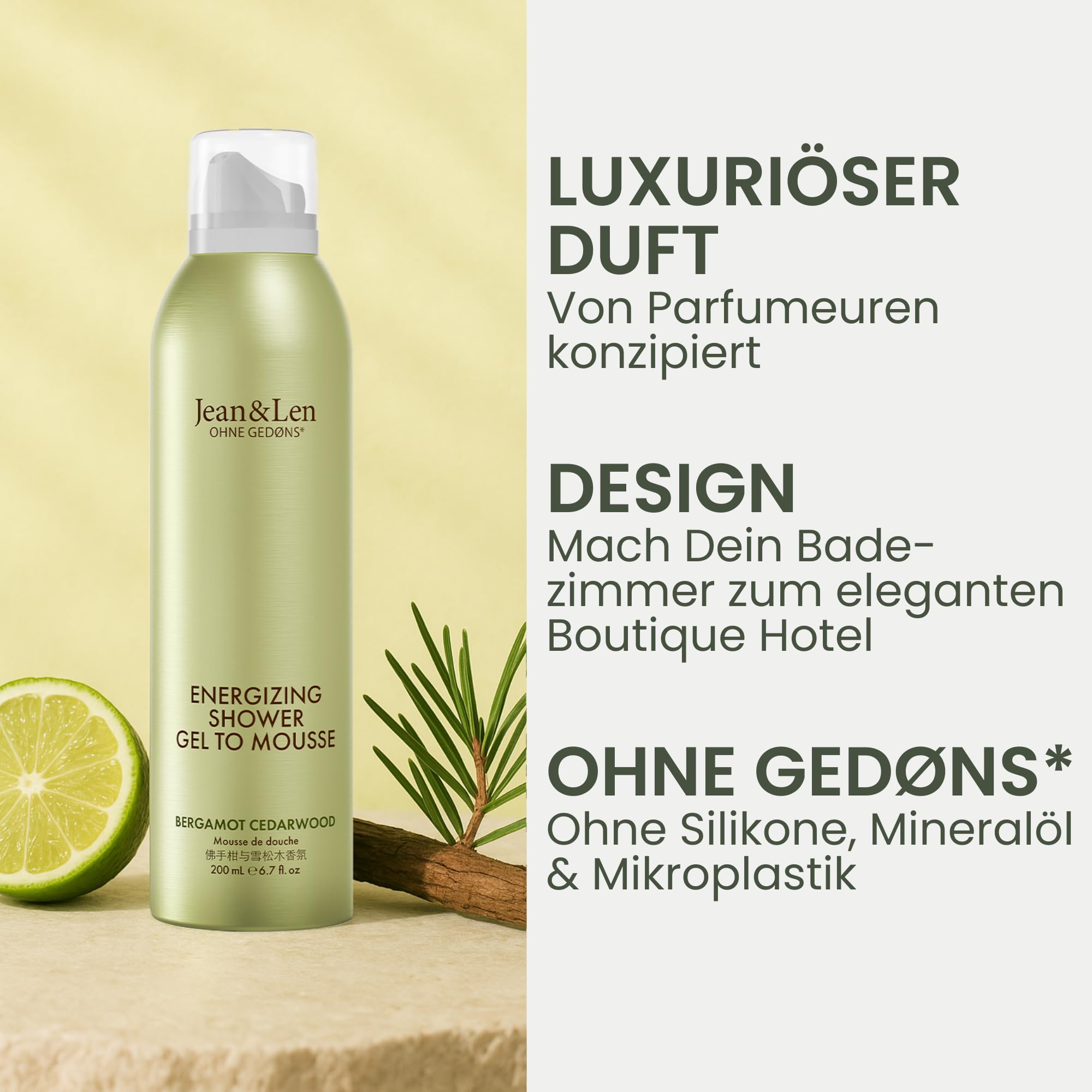 Jean & Len Energizing Shower Gel To Mousse Bergamot & Cedarwood, with almond, jojoba & babassu oil - Image 2