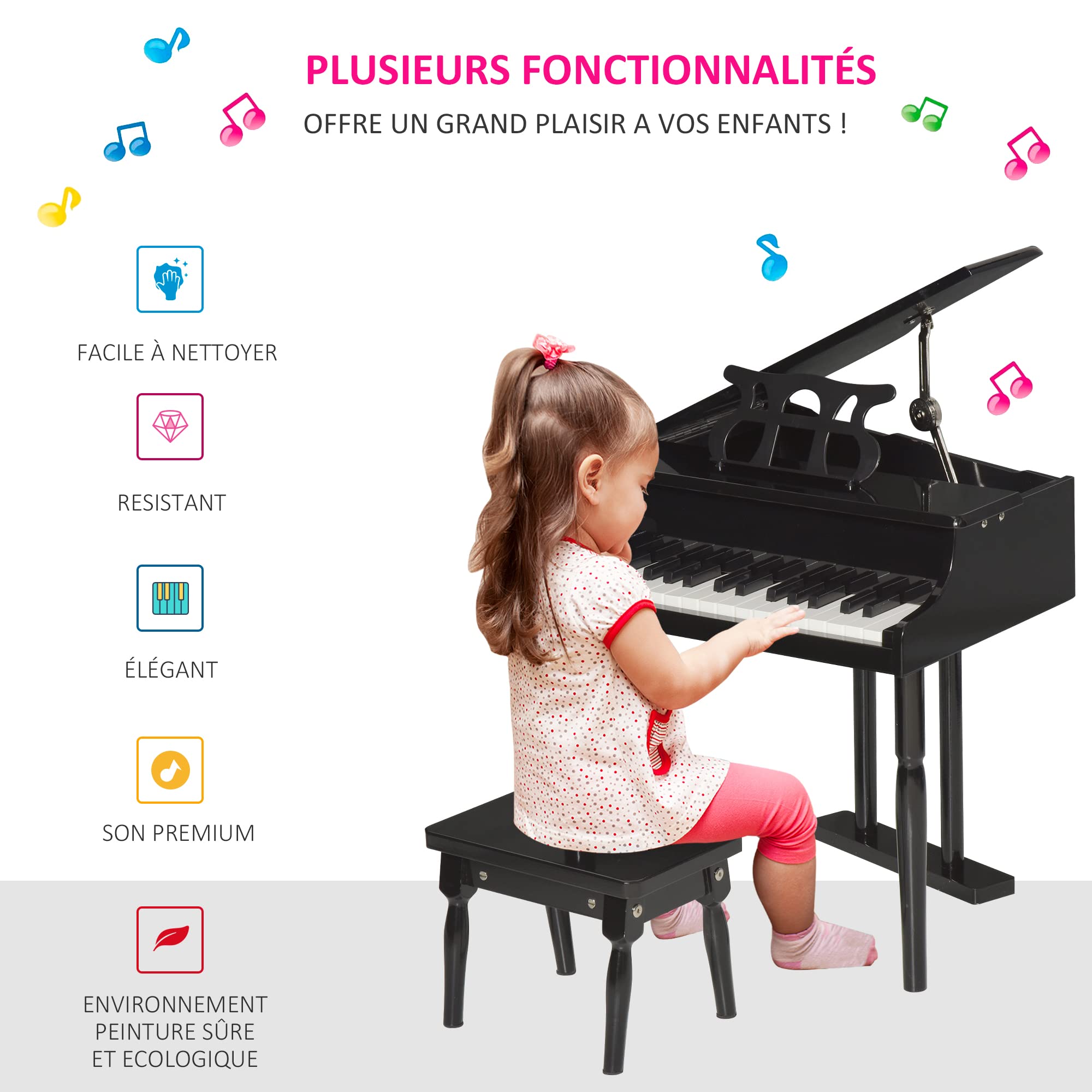 HOMCOM Piano à Queue Enfant en Bois Piano Enfant Clavier de Piano 30 Touches - Tabouret et pupitre inlus - Instrument de Musique - MDF Noir