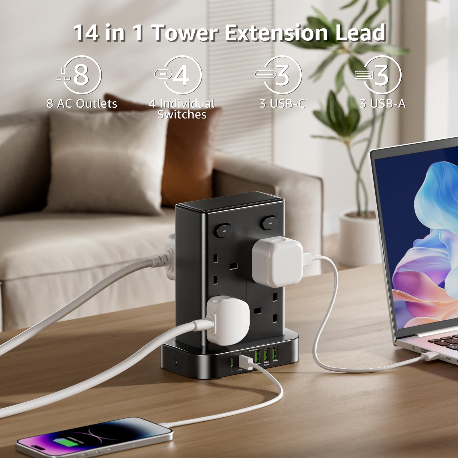 Tower Extension Lead, 8 Way Multi Plug Tower with 6 USB Ports, 1.8M Extension Cable with 4 Independent Switches, Overload Protection Plug Extension Socket 13A 3250W Power Strip Tower for Home Office — view 2