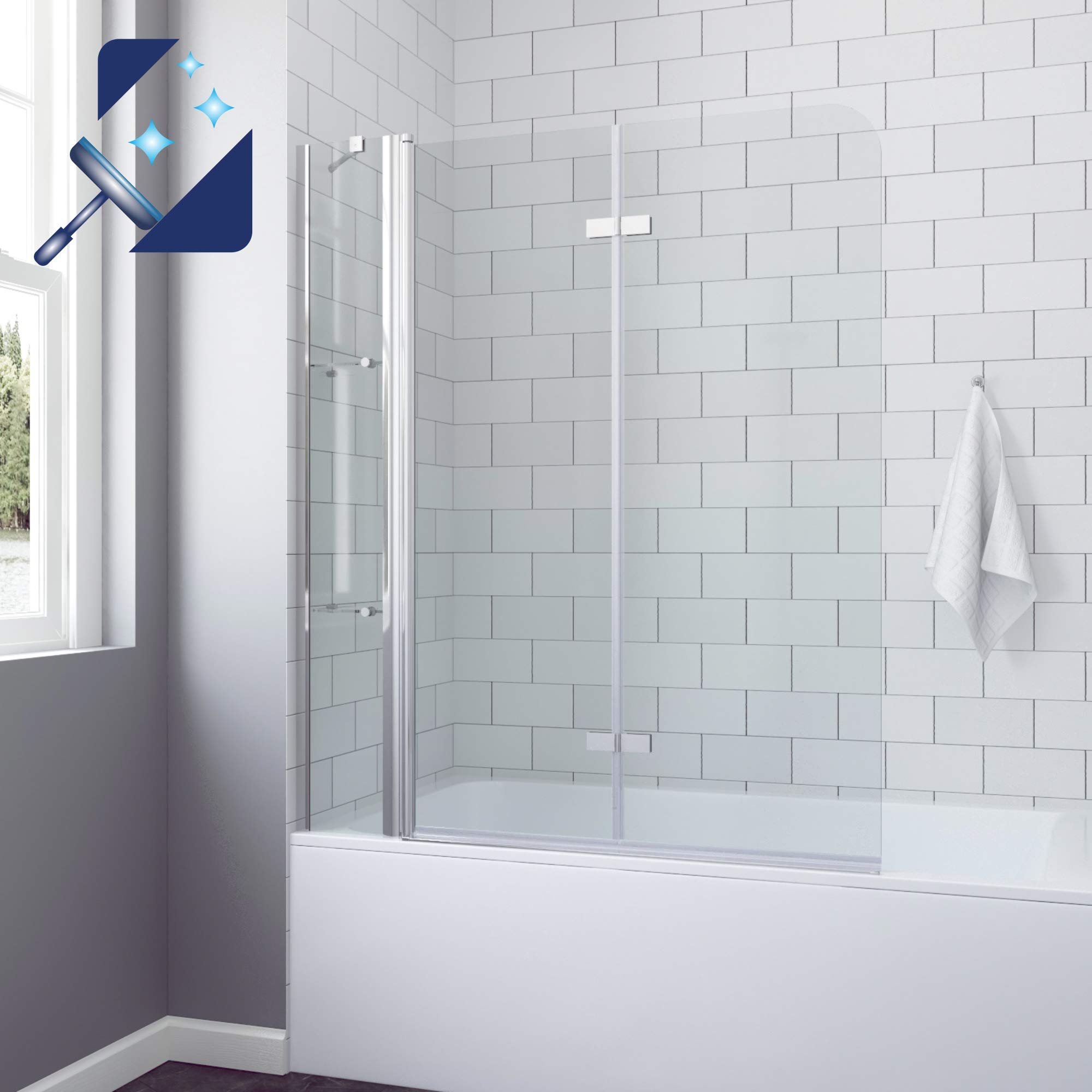 Duschwand Glas für Badewanne 130 x 140 cm Badewannenaufsatz Duschabtrennung Faltwand Falttür mit Festteil und Duschablagen aus 5mm Einscheiben Sicherheitsglas ESG mit Nanobeschichtung | AQUABATOS